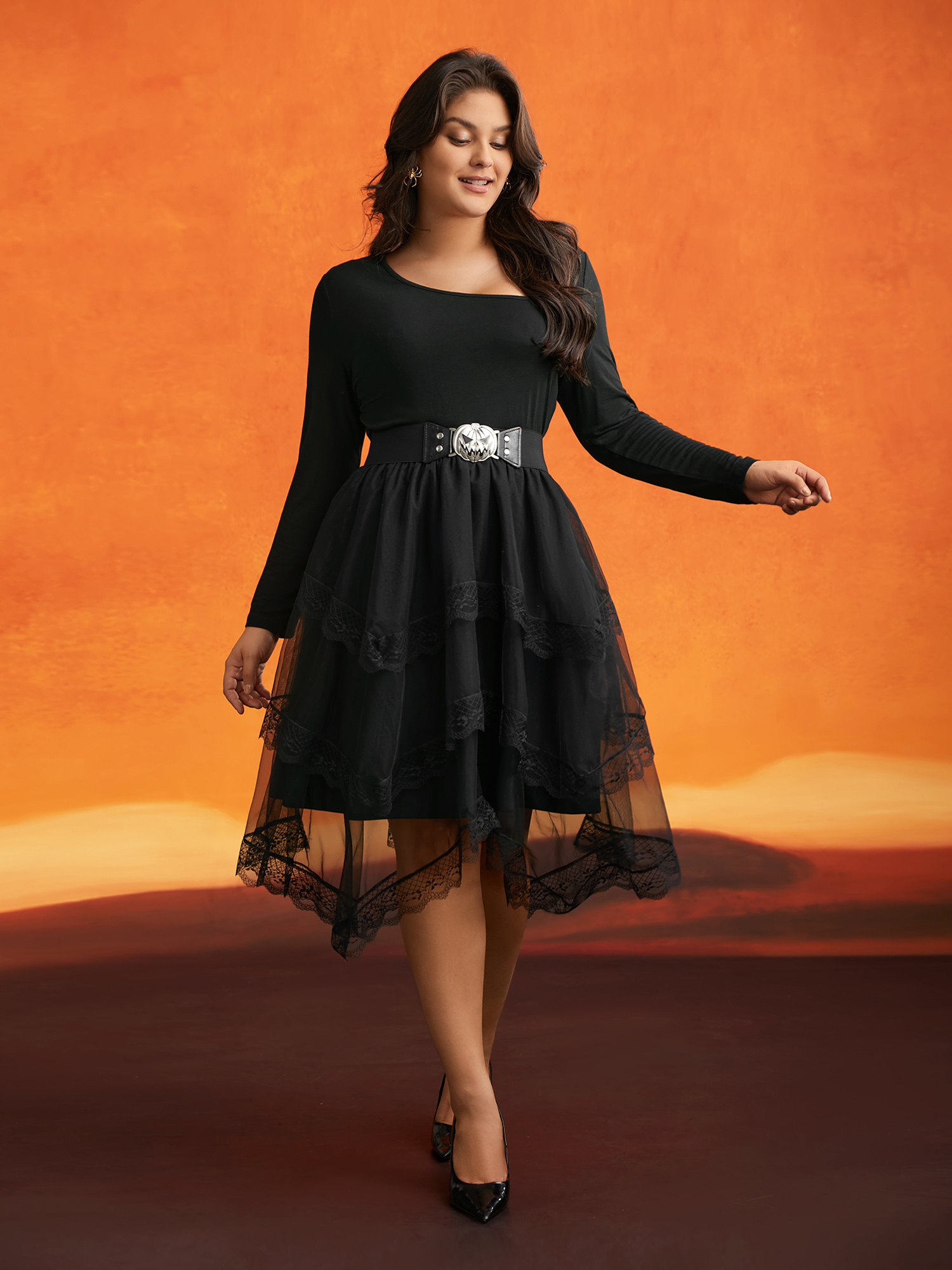 

Plus Size Gothic Laced Asymmetrical Hemline Skirt Women Black Cocktail See through No stretch Side seam pocket Party Skirts BloomChic