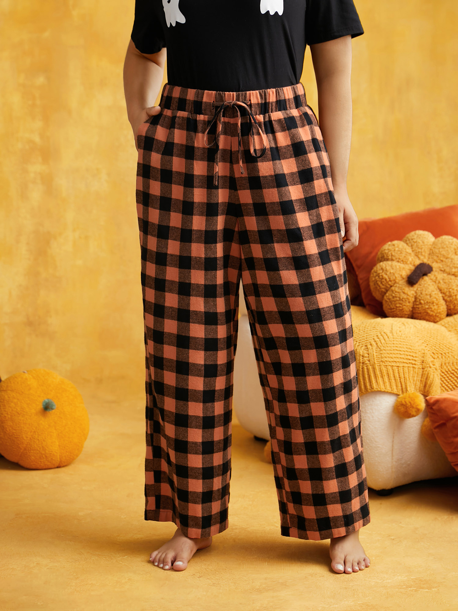 

Plus Size Elastic Waist Plaid Lounge Bottoms Brightorange  Bloomchic