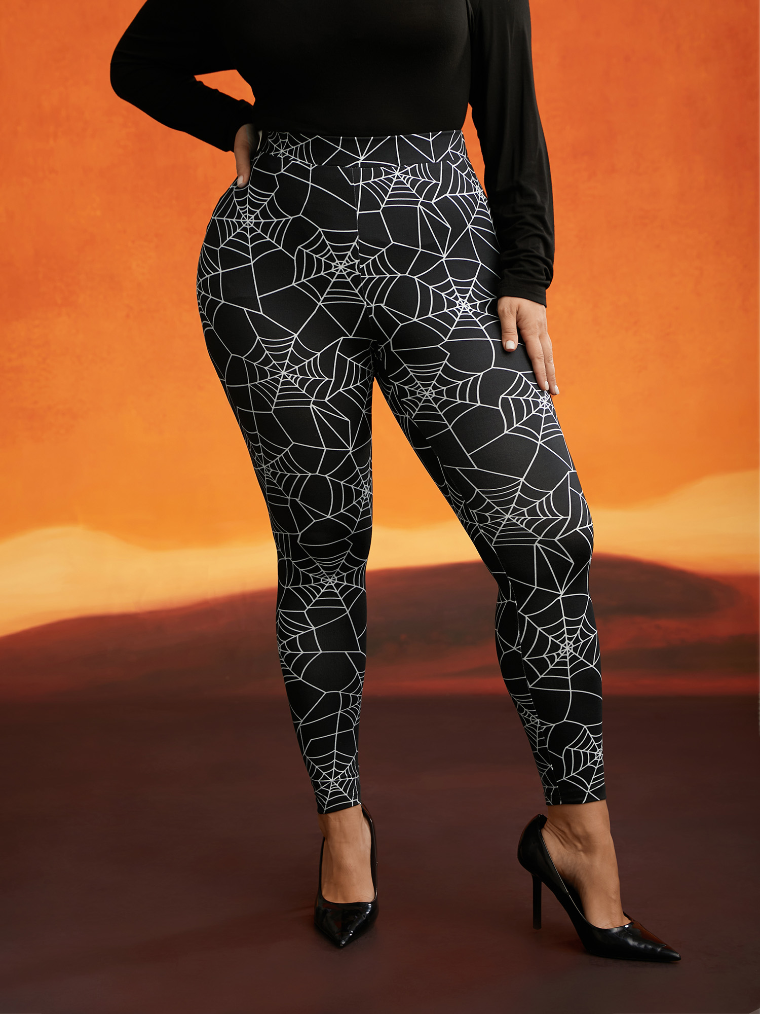 

Plus Size Spider Web Printed Slim-Fit Pants Women Black Elegant High stretch Skinny Mid Rise Everyday Leggings BloomChic