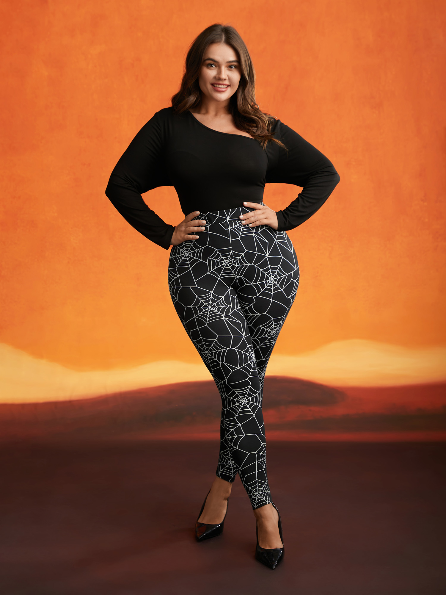 Plus Size Spider Web Printed Slim-Fit Pants Women Black Elegant High stretch Skinny Mid Rise Everyday Leggings BloomChic 22-24/3X 