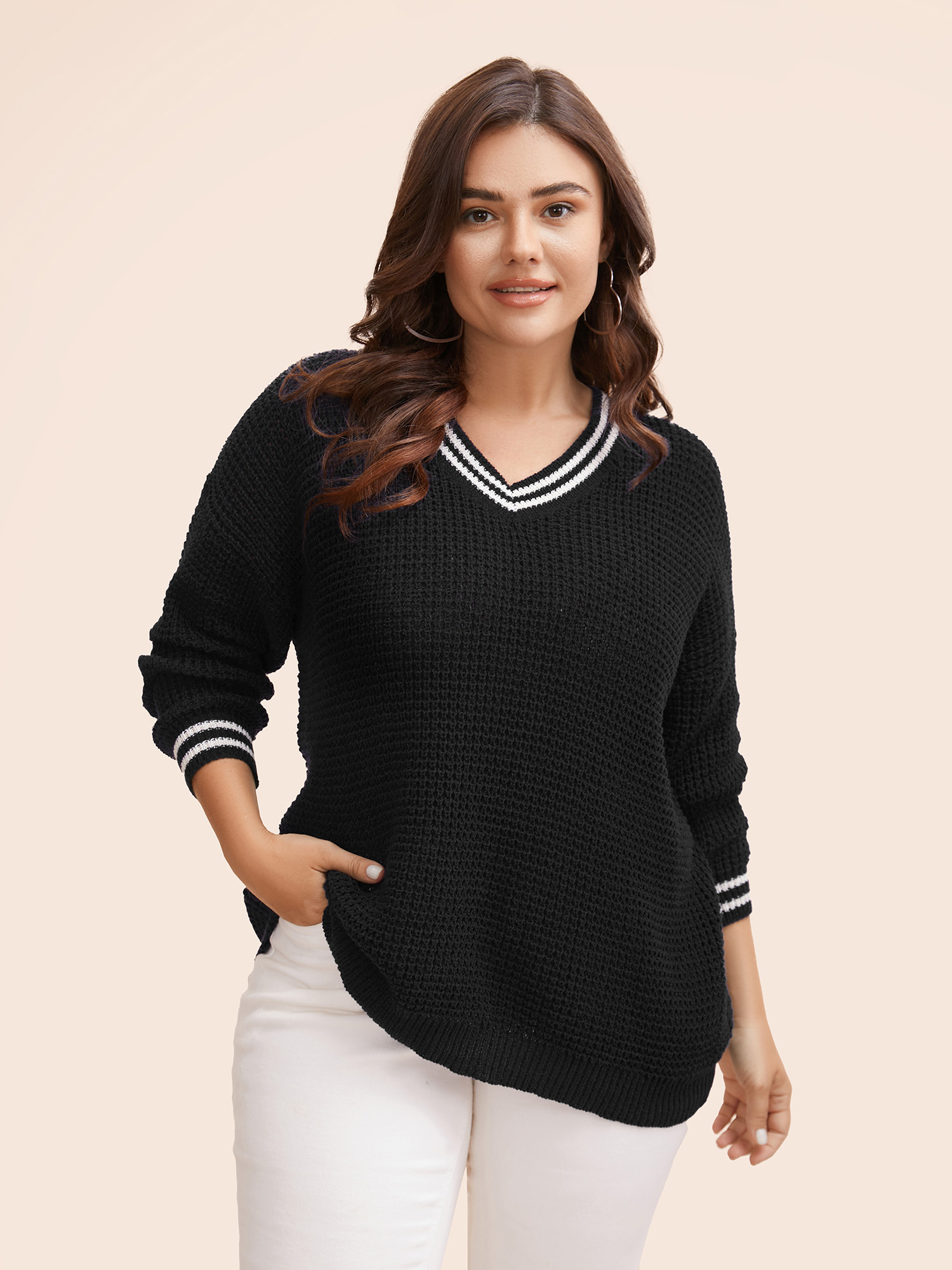 

Plus Size Contrast Striped Drop Shoulder Pullover Black Women Workwear Essentials Long Sleeve V-neck Work Pullovers BloomChic