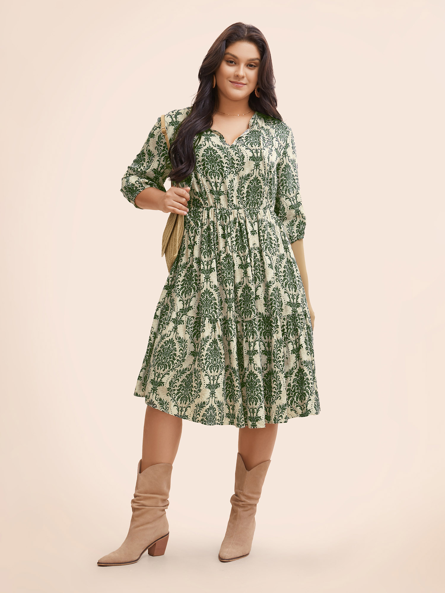 

Plus Size Boho Print Tie Knot Puff Sleeve Dress Greenbean Women Resort Tie knot V-neck Elbow-length sleeve Curvy BloomChic