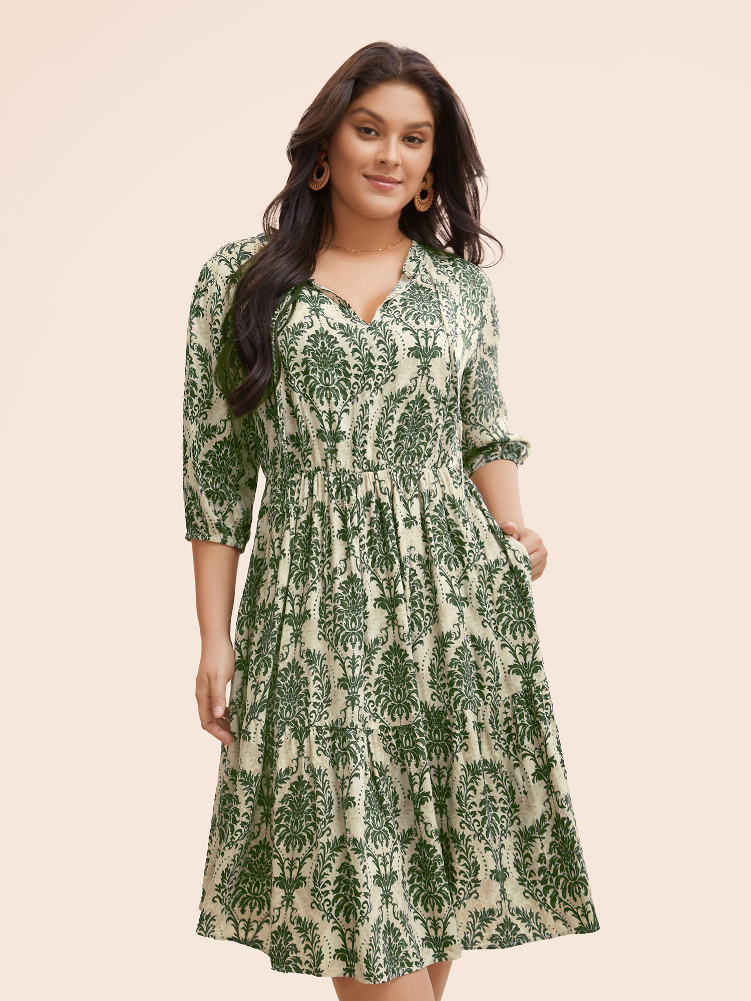 

Plus Size Boho Print Tie Knot Puff Sleeve Dress Greenbean Women Resort Tie knot V-neck Elbow-length sleeve Curvy BloomChic