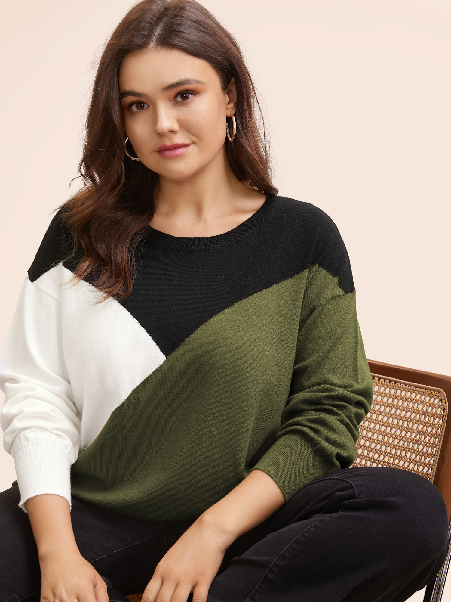 

Plus Size Supersoft Essentials Colorblock Contrast Pullover ArmyGreen Women Casual Long Sleeve Round Neck Everyday Pullovers BloomChic