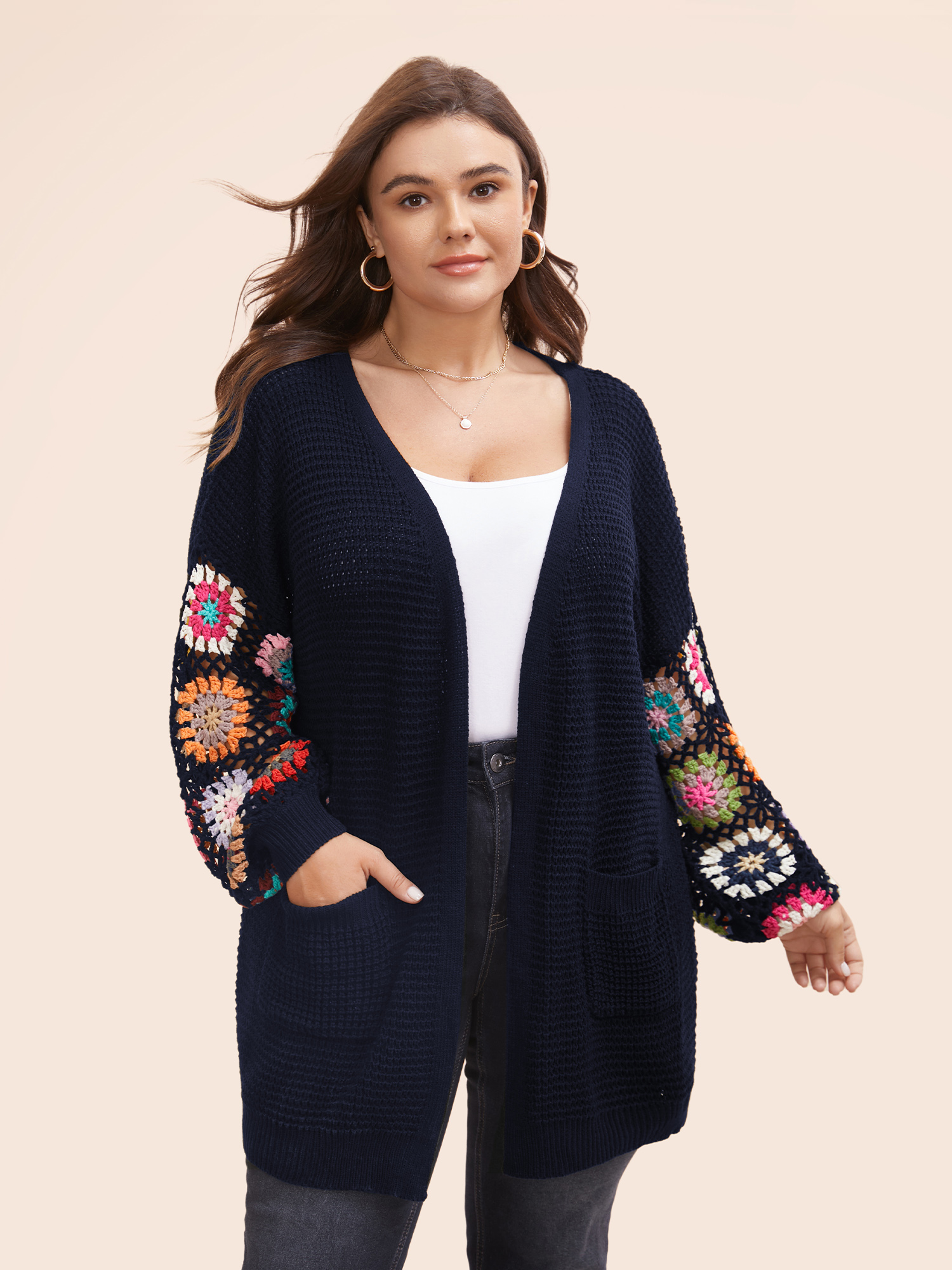 

Plus Size Crochet Floral Drop Shoulder Cut Out Cardigan Midnight Women Resort Loose Long Sleeve Vacation Cardigans BloomChic