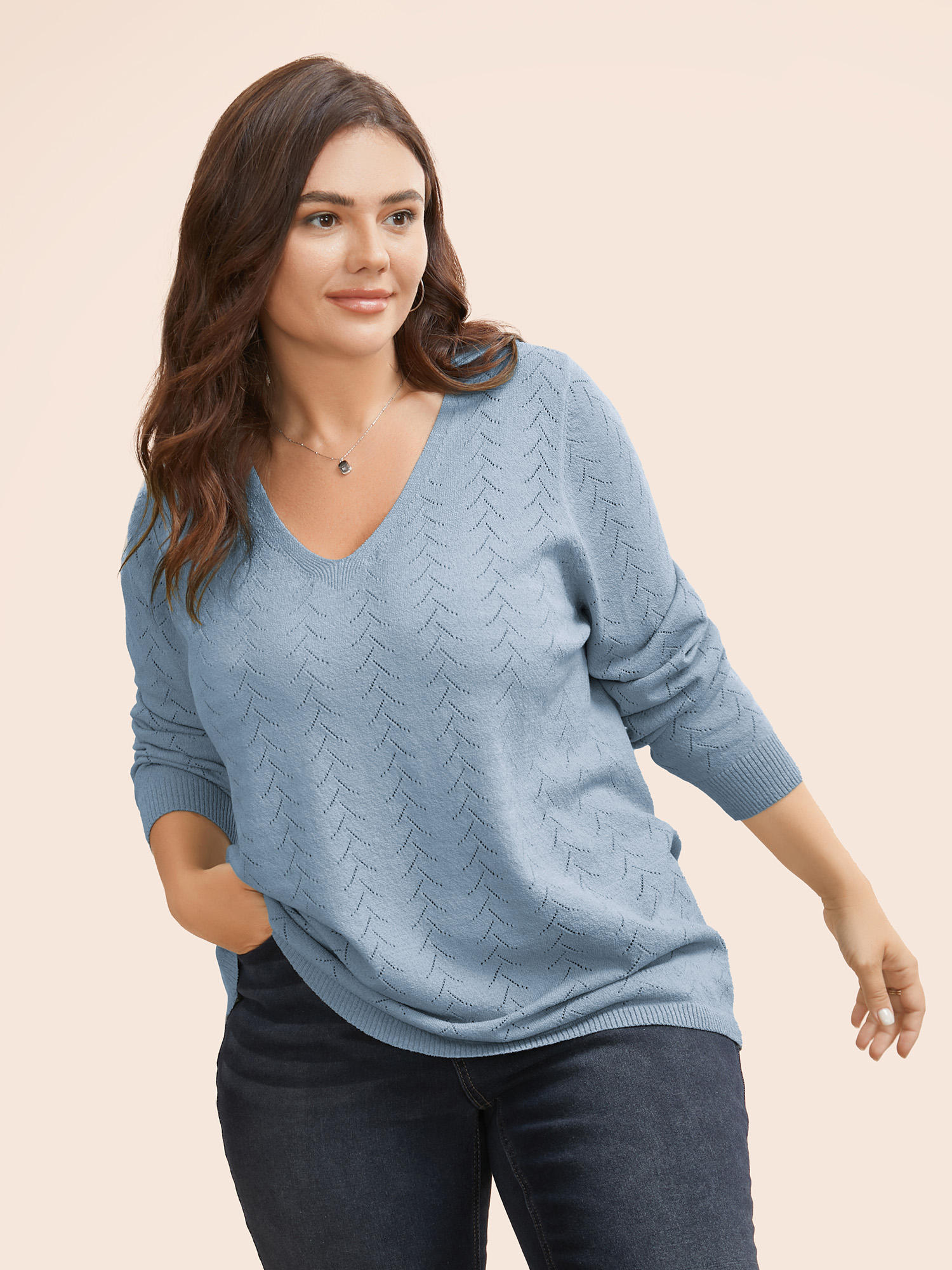 

Plus Size Texture V Neck Lightweight Pullover LightBlue Women Casual Long Sleeve V-neck Everyday Pullovers BloomChic