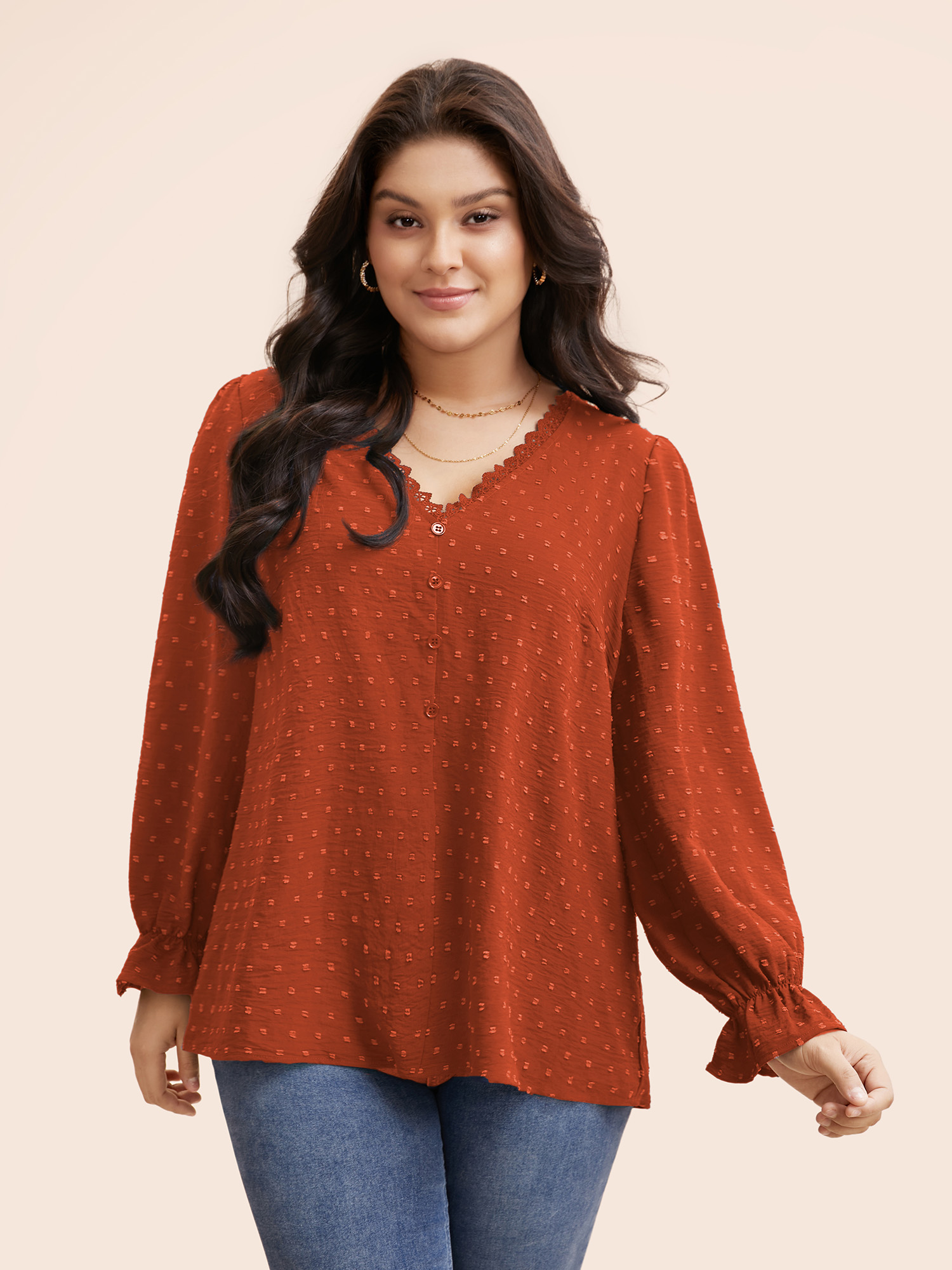 

Plus Size Rust Textured Lace Trim Patchwork Ruffles Blouse Women Elegant Long Sleeve V-neck Everyday Blouses BloomChic