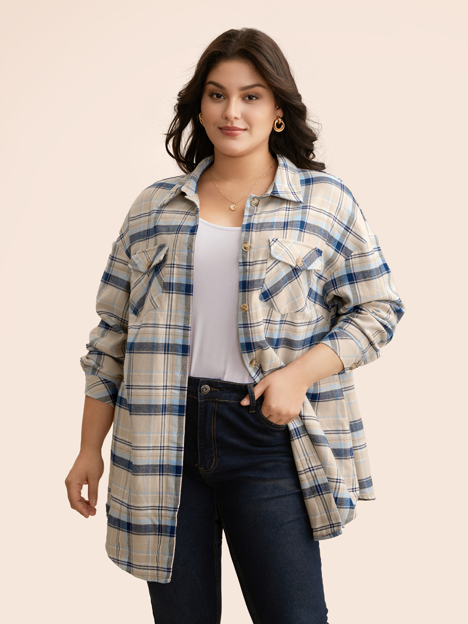 

Plus Size Cotton Shirt Collar Plaid Patched Pocket Jacket Women Indigo Button Patch pocket Everyday Jackets BloomChic