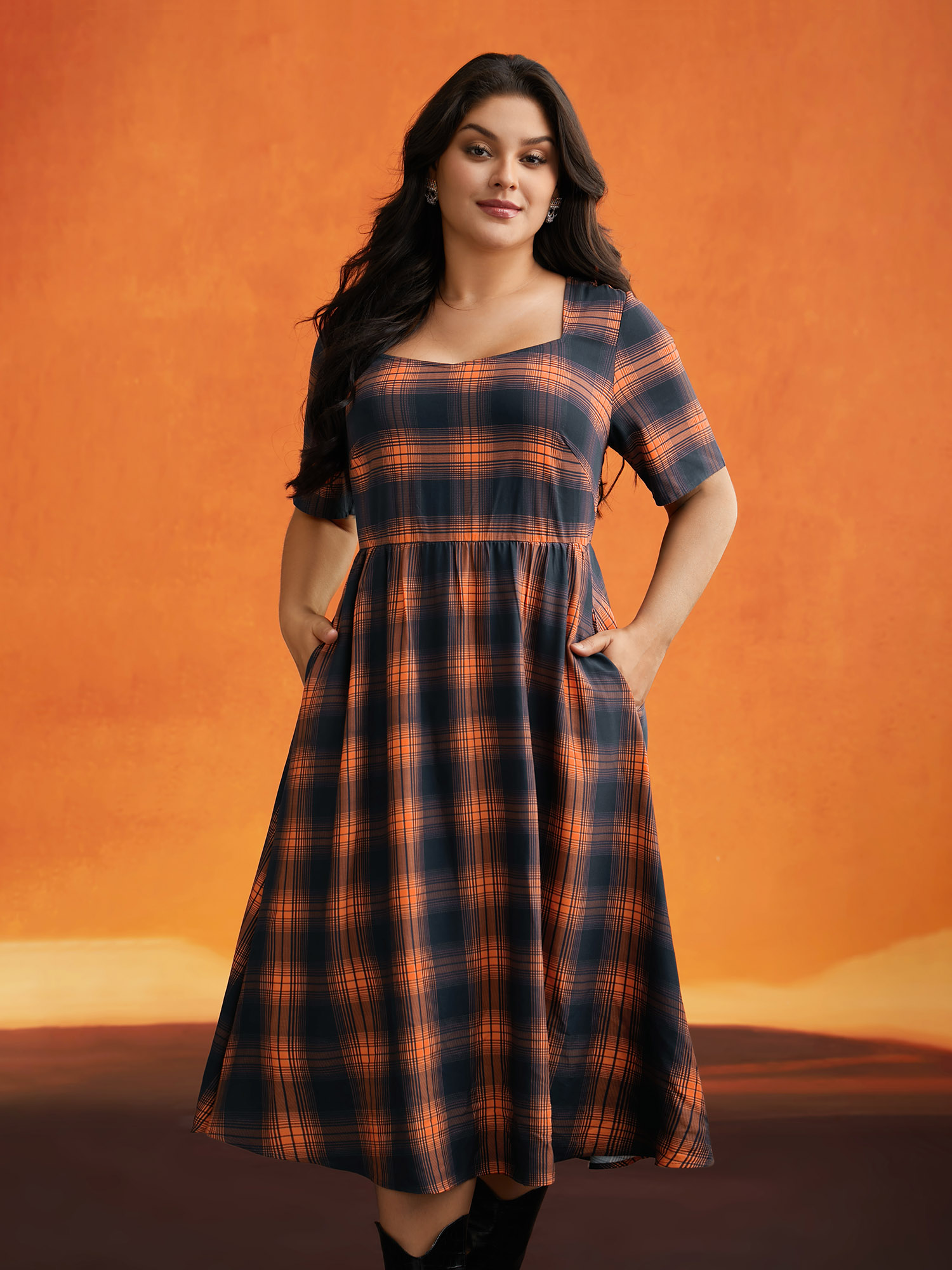 

Plus Size Stretchy Plaid Contrast Splicing Midi Dress Brightorange Women Cocktail Non Party Curvy Bloomchic