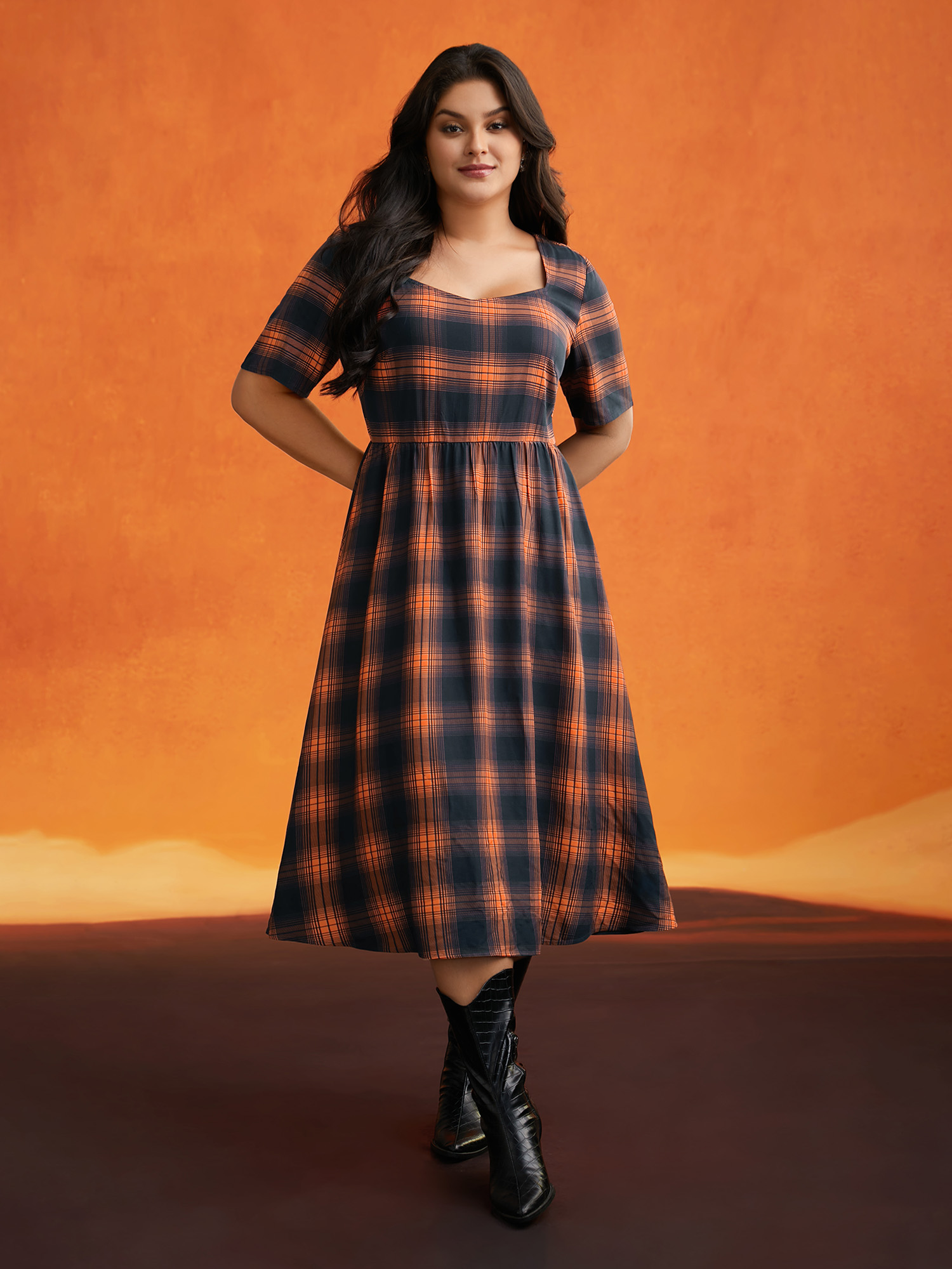 

Plus Size Stretchy Plaid Contrast Splicing Midi Dress Brightorange Women Cocktail Non Party Curvy Bloomchic