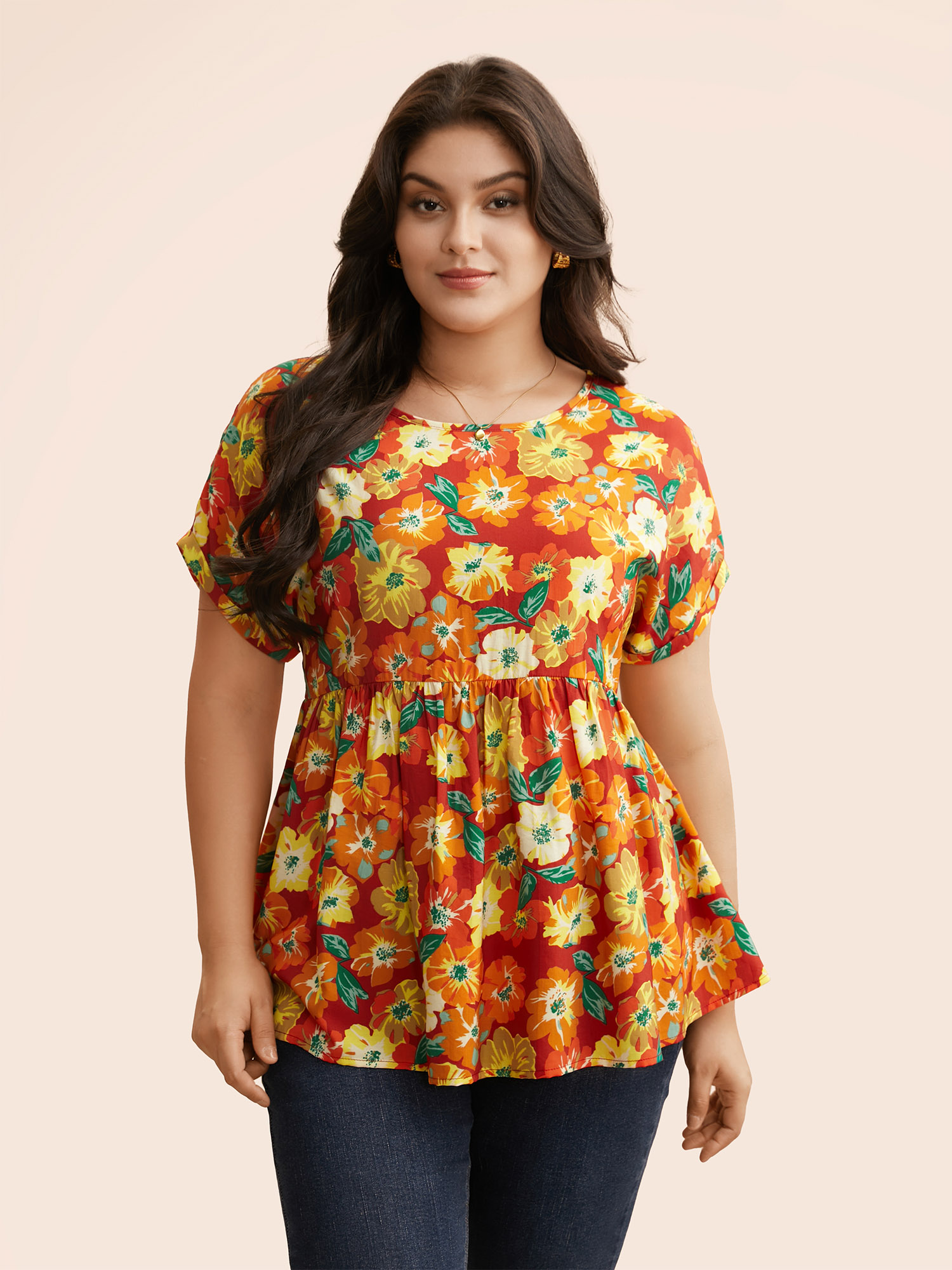 

Plus Size Brightorange Fruit Print Curved Hem Batwing Sleeve Blouse Women Casual Cap Sleeve Round Neck Everyday Blouses BloomChic