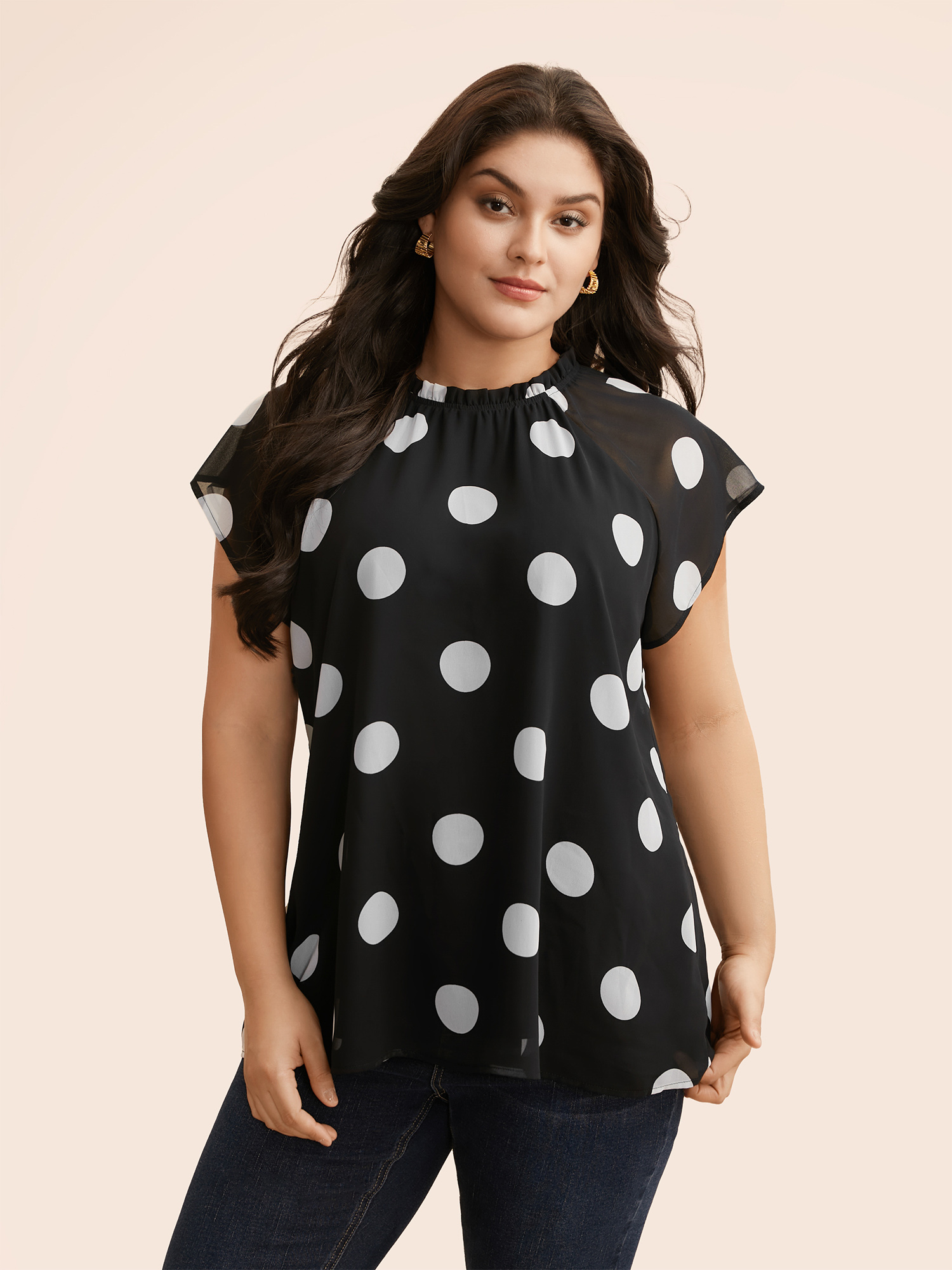 

Plus Size BlackFlower Polka Dot Mock Neck Mesh Patchwork Blouse Women Workwear Essentials Cap Sleeve Round Neck Work Blouses BloomChic