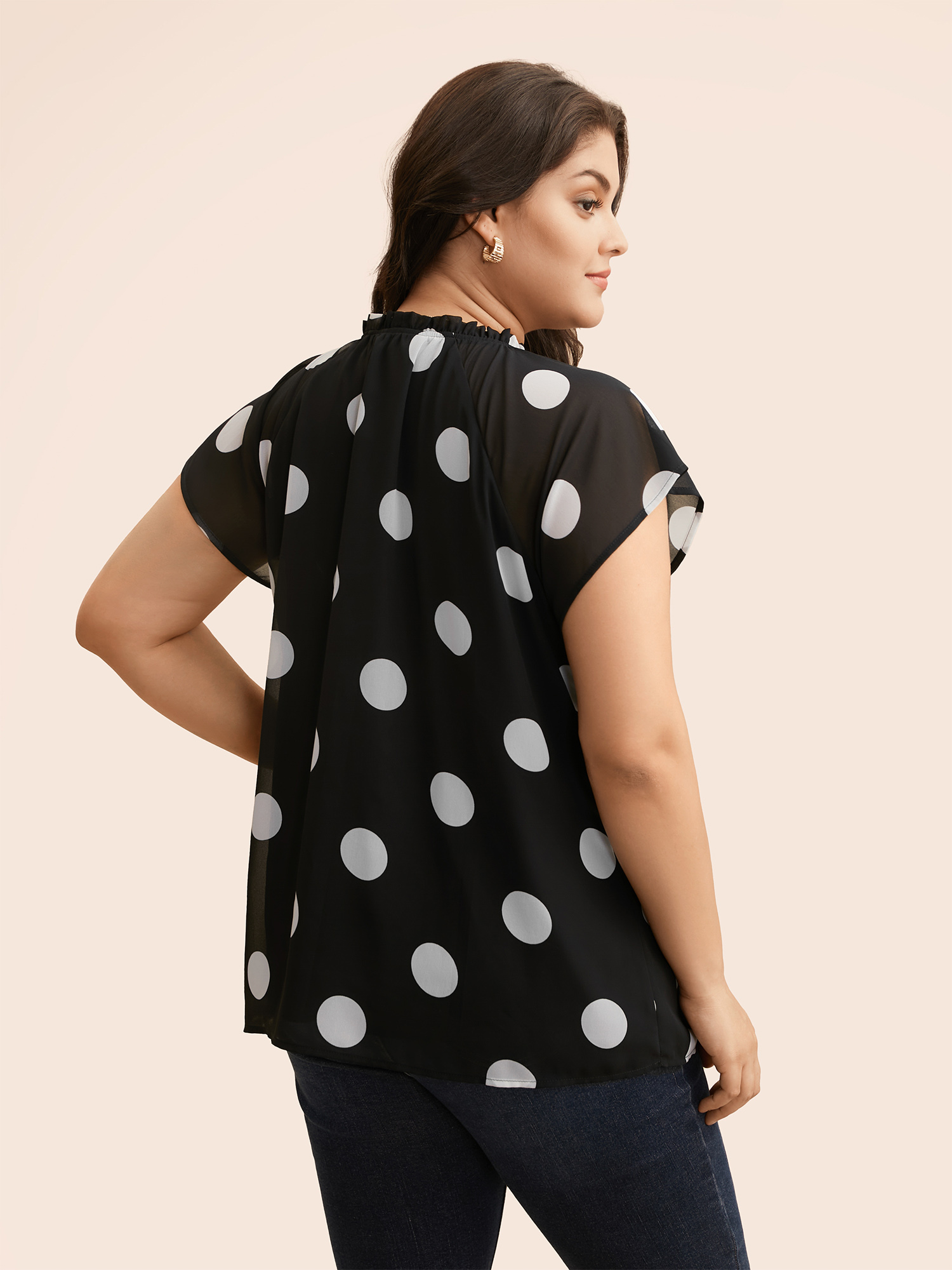 

Plus Size BlackFlower Polka Dot Mock Neck Mesh Patchwork Blouse Women Workwear Essentials Cap Sleeve Round Neck Work Blouses BloomChic