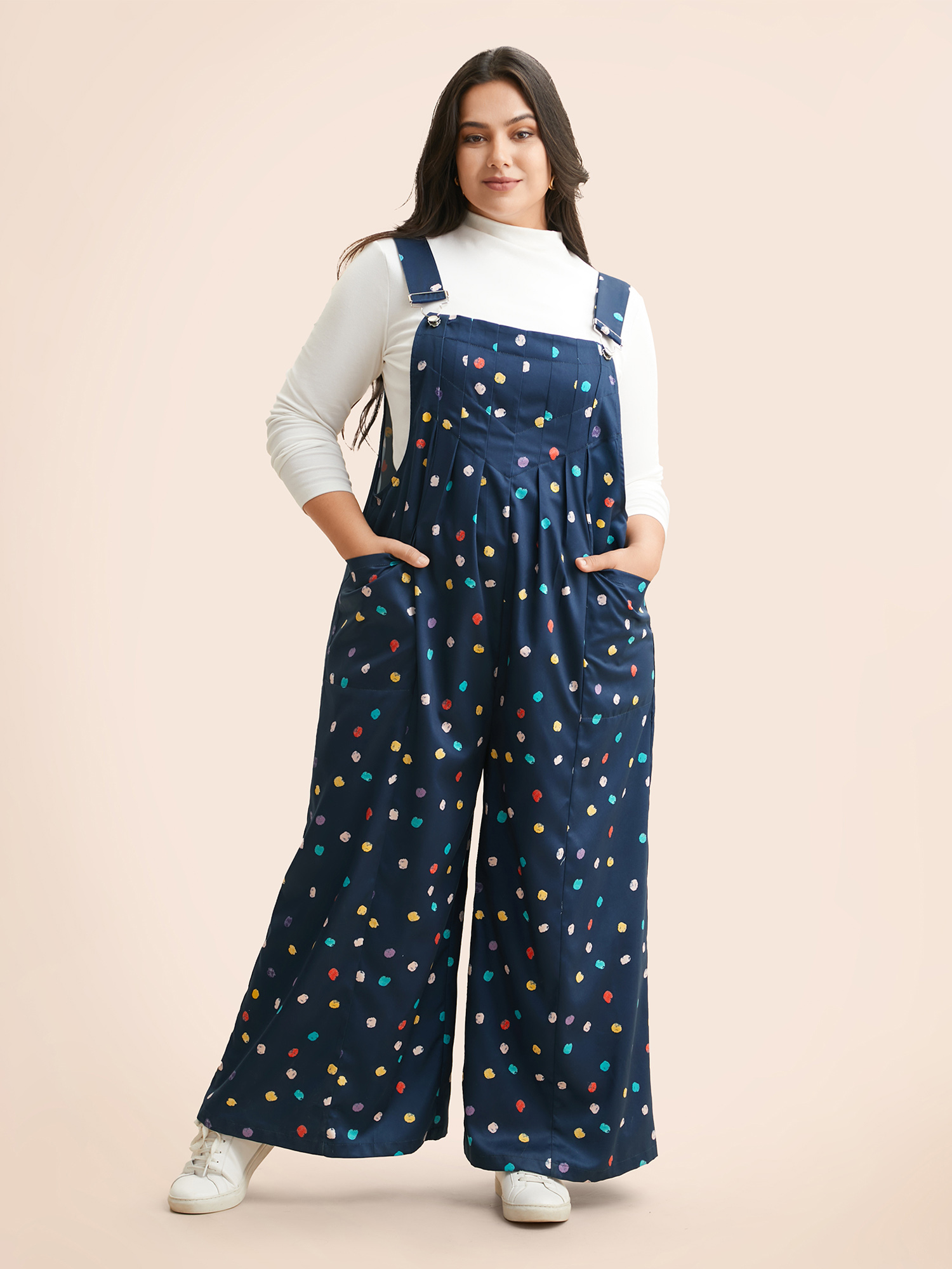 

Plus Size Navy Painted Polka Dot Adjustable Straps Jumpsuit Women Casual Sleeveless Non Everyday Loose Jumpsuits BloomChic