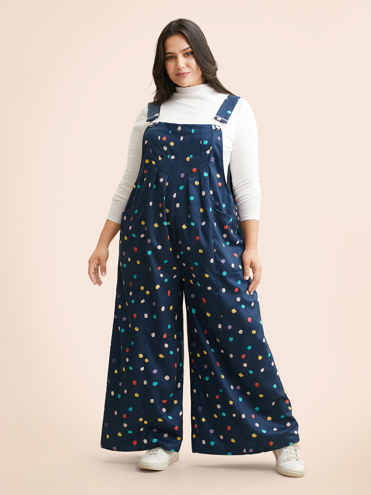 

Plus Size Navy Painted Polka Dot Adjustable Straps Jumpsuit Women Casual Sleeveless Non Everyday Loose Jumpsuits BloomChic