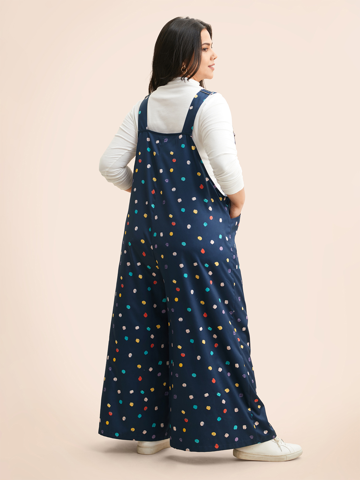 Plus Size Navy Painted Polka Dot Adjustable Straps Jumpsuit Women Casual Sleeveless Non Everyday Loose Jumpsuits BloomChic 26/4X 