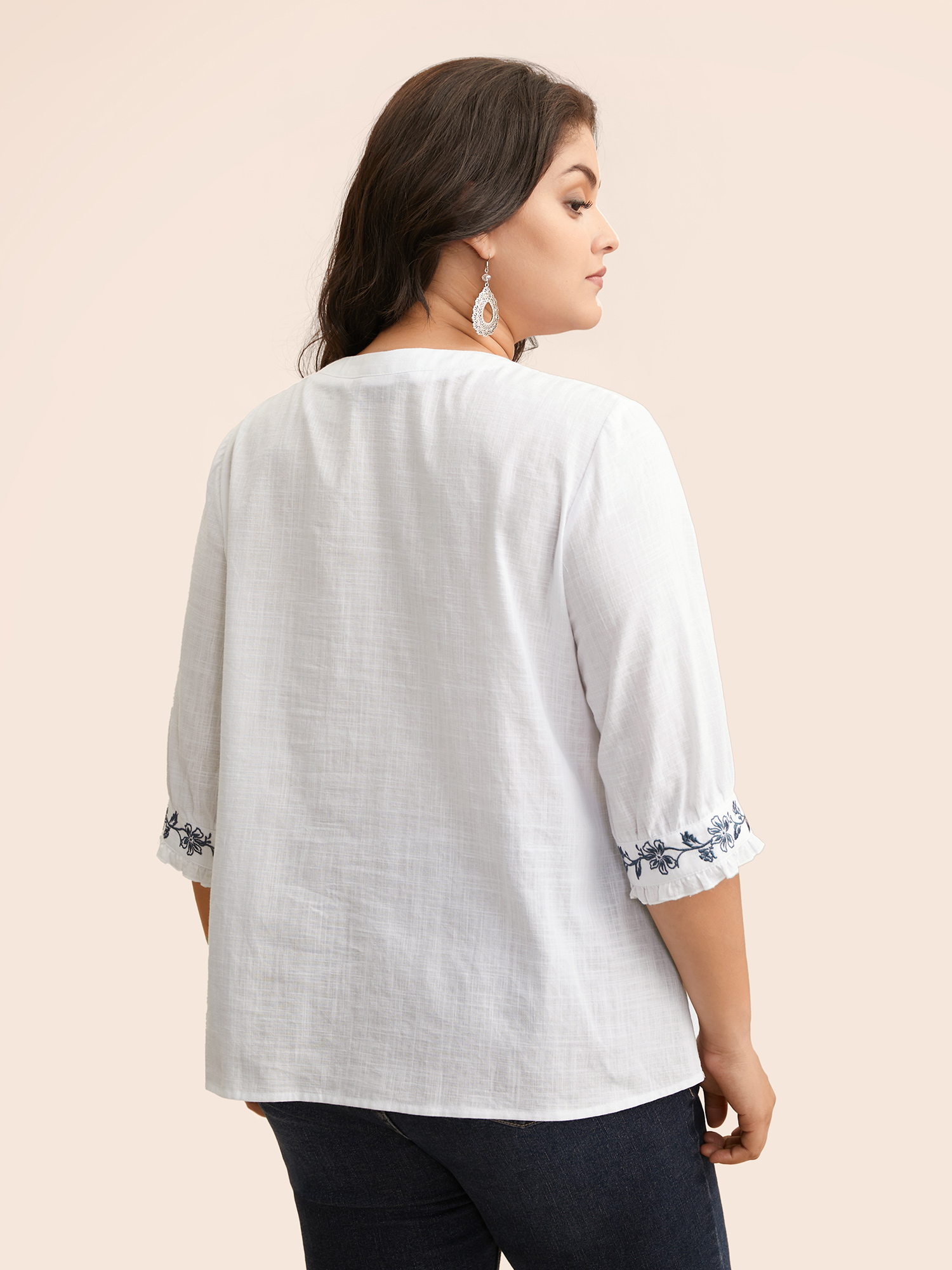 

Plus Size Originalwhite Cotton Floral Embroidered Notched Collar Frill Trim Blouse Women Casual Elbow-length sleeve Stand-up collar Everyday Blouses BloomChic