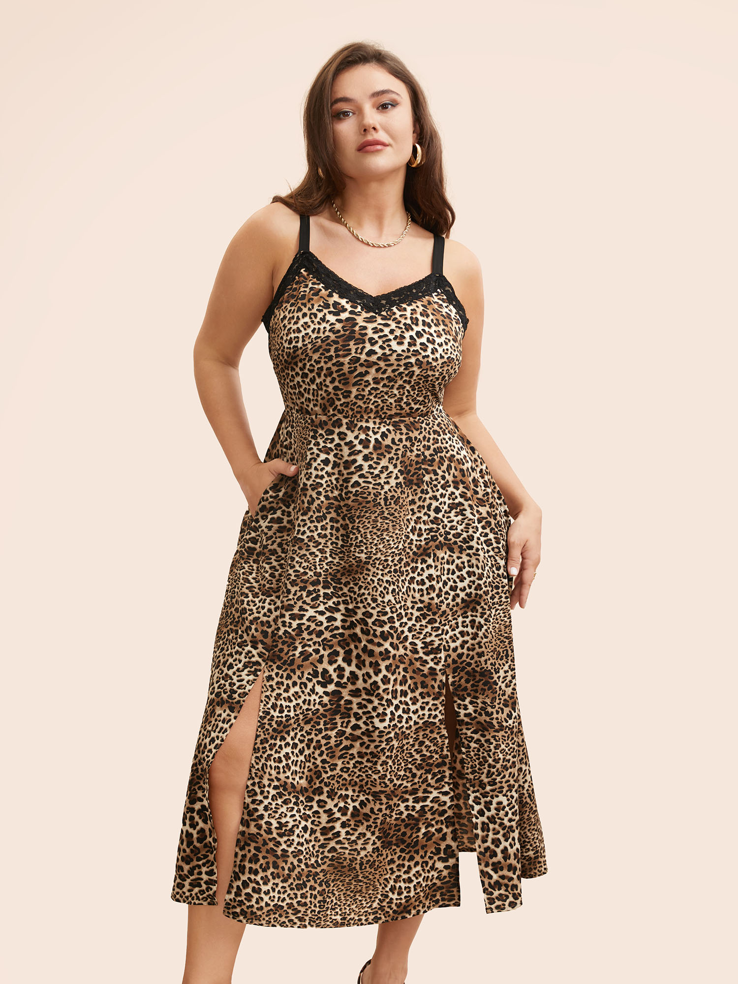 

Plus Size Leopard Print Lace Patchwork Slit Hem Dress Multicolor Women Elegant Woven ribbon&lace trim V-neck Sleeveless Curvy BloomChic