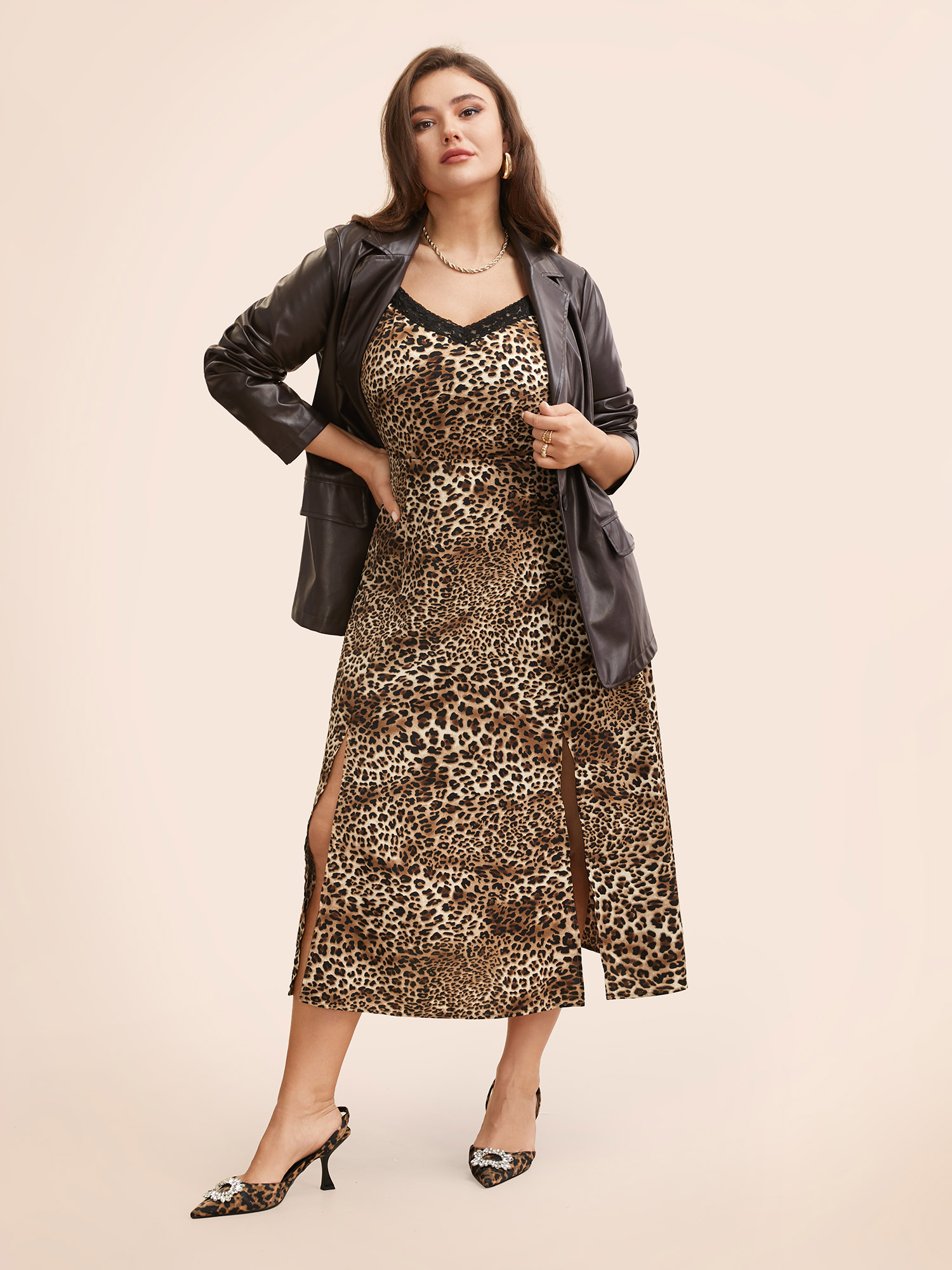 Plus Size Leopard Print Lace Patchwork Slit Hem Dress Multicolor Women Elegant Woven ribbon&lace trim V-neck Sleeveless Curvy BloomChic 10/M 