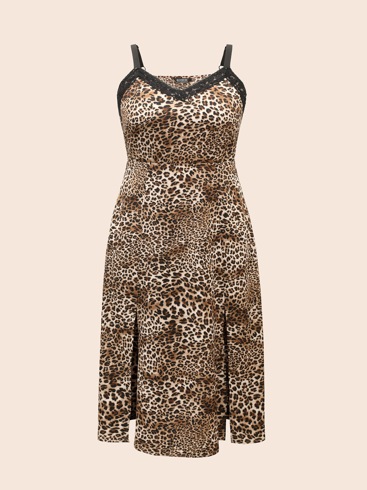 Plus Size Leopard Print Lace Patchwork Slit Hem Dress Multicolor Women Elegant Woven ribbon&lace trim V-neck Sleeveless Curvy BloomChic 10/M 