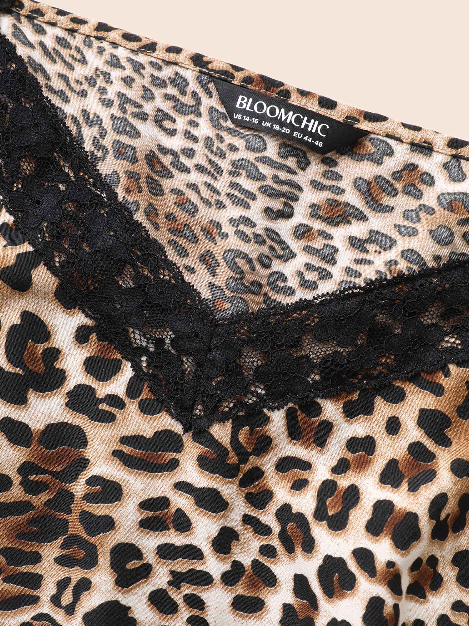 Plus Size Leopard Print Lace Patchwork Slit Hem Dress Multicolor Women Elegant Woven ribbon&lace trim V-neck Sleeveless Curvy BloomChic 10/M 