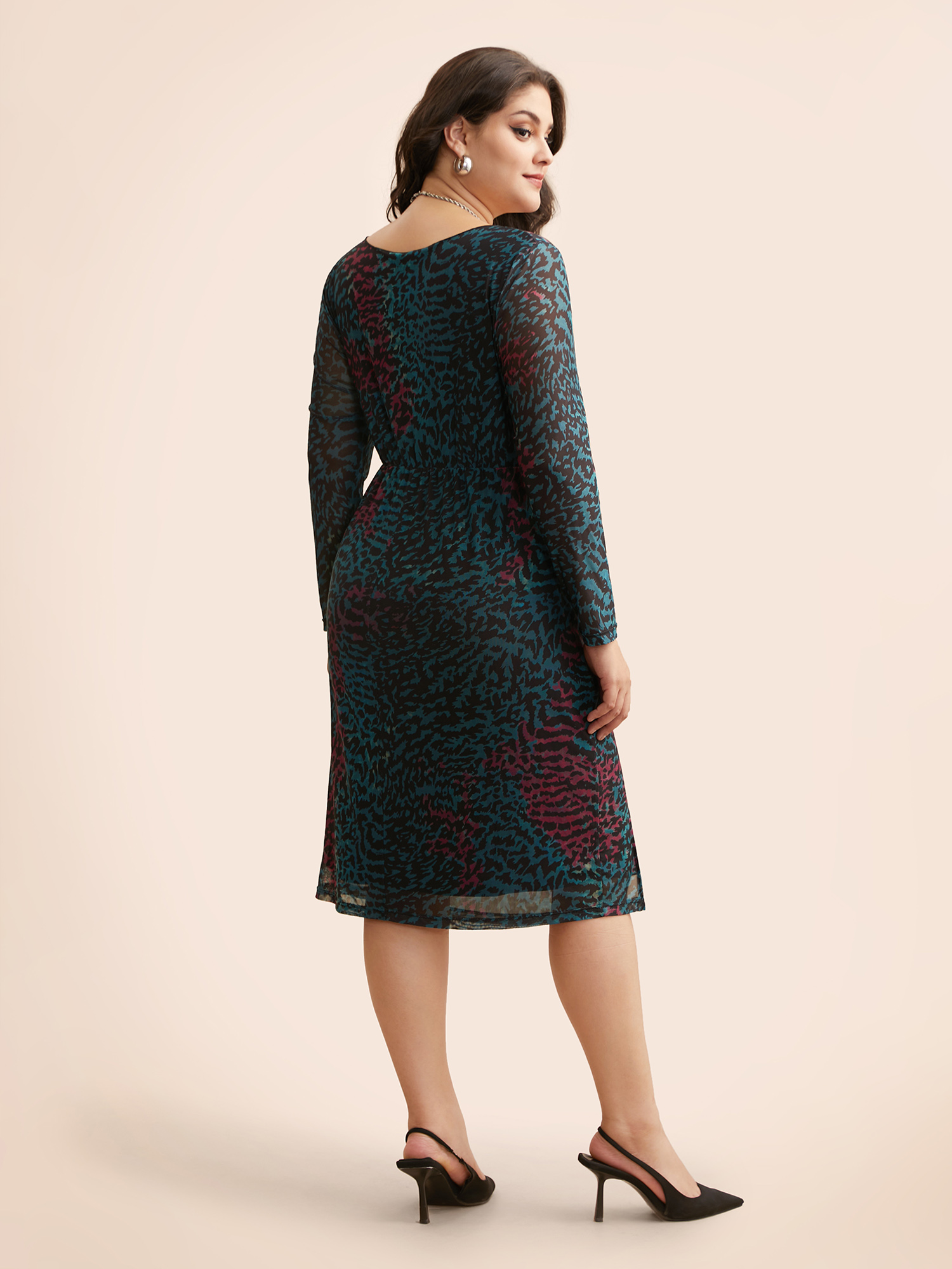 Plus Size Leopard Print Ruched Split Hem Dress Aegean Women Elegant Gathered Round Neck Long Sleeve Curvy BloomChic 22-24/3X 