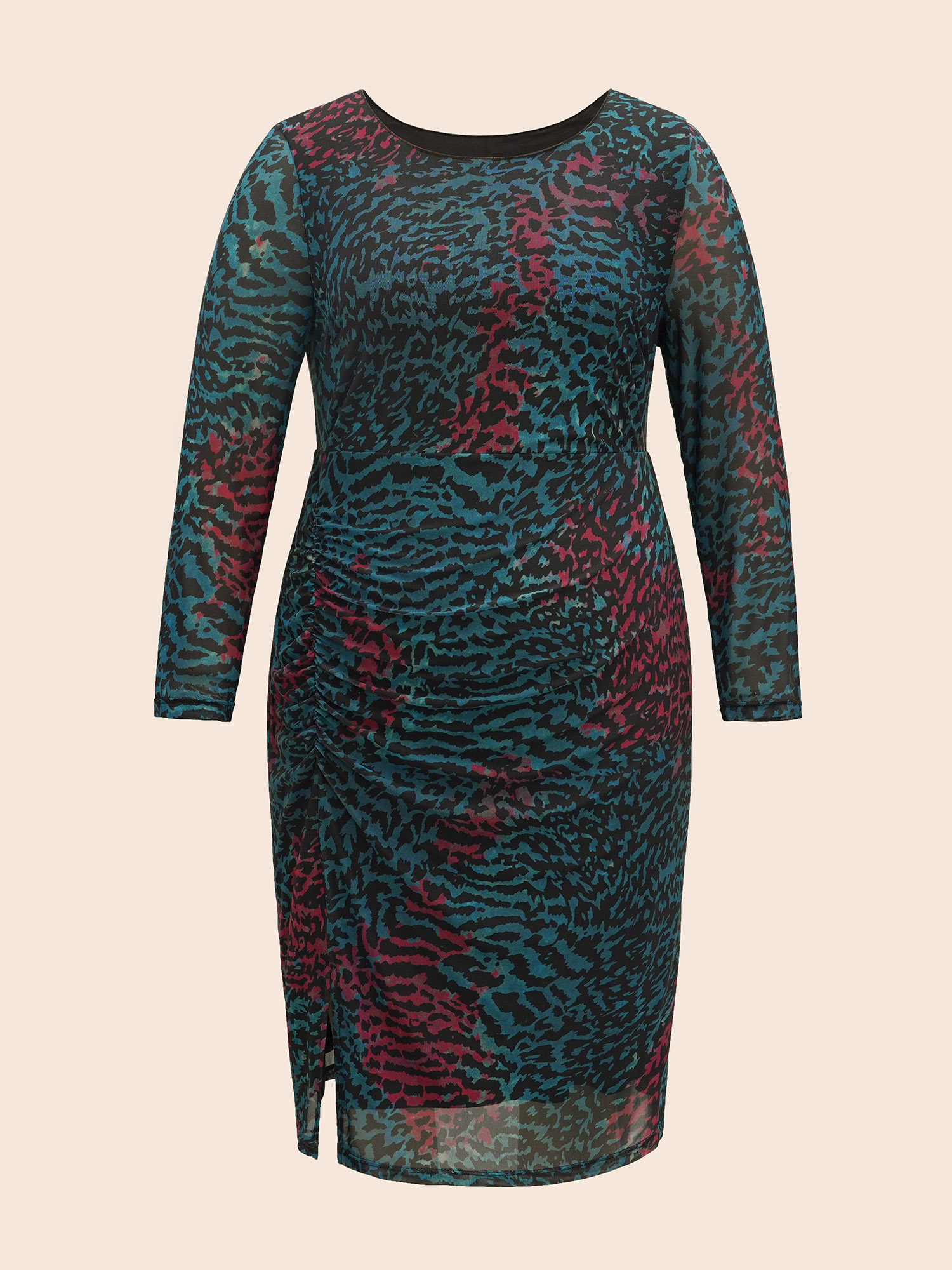 Plus Size Leopard Print Ruched Split Hem Dress Aegean Women Elegant Gathered Round Neck Long Sleeve Curvy BloomChic 22-24/3X 