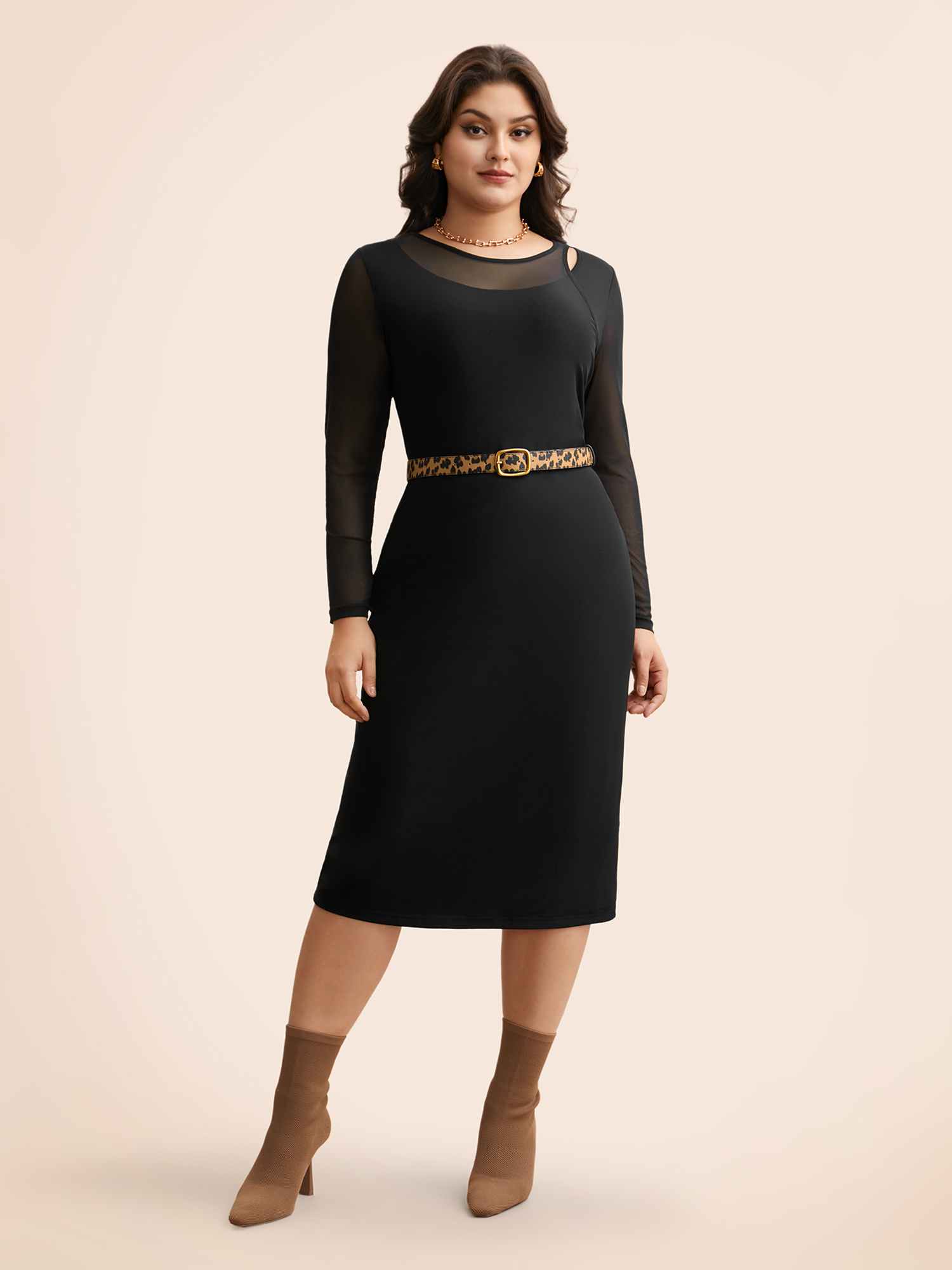 

Plus Size Crew Neck Patchwork Mesh Split Hem Dress Black Women Elegant See through Round Neck Long Sleeve Curvy BloomChic