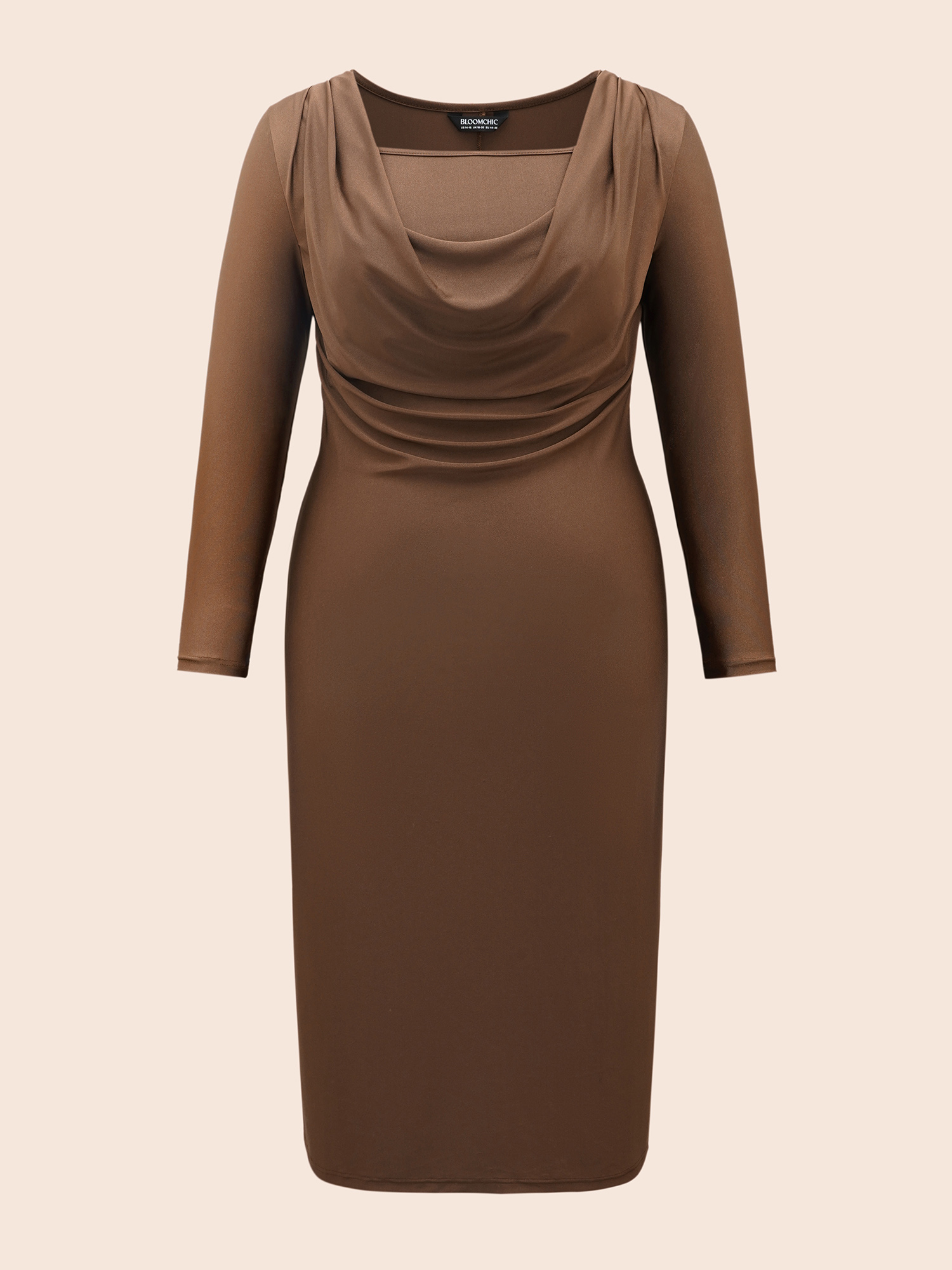 Plus Size Solid Cowl Neck Bodycon Dress Browncoffeecolor Women Elegant Pleated Cowl Neck Long Sleeve Curvy BloomChic 28/5X 