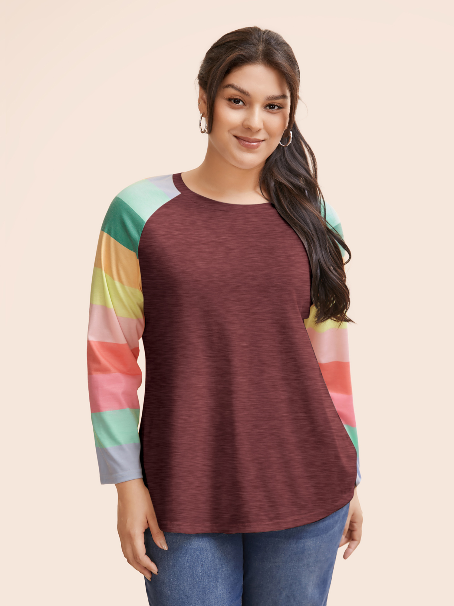 

Plus Size Multi-color Striped Sleeves Loose Fit T-shirt Burgundy Women Casual Contrast Round Neck Everyday T-shirts BloomChic