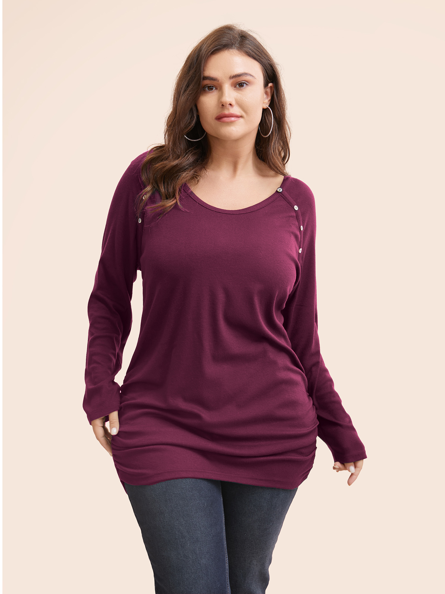 

Plus Size Plain Gathered Button Detail T-shirt Deeppurplered Women Casual Gathered Plain Round Neck Dailywear T-shirts BloomChic