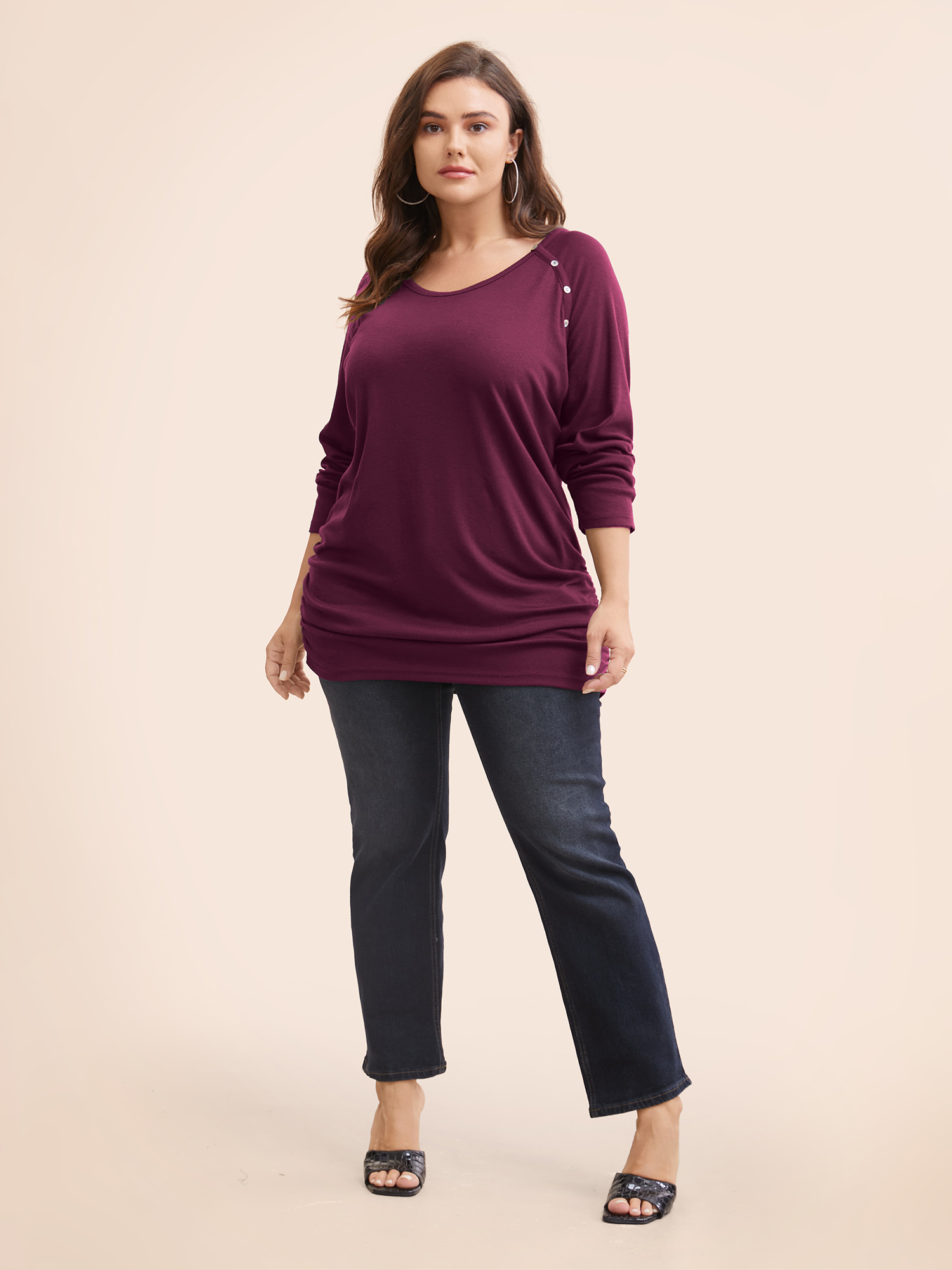 

Plus Size Plain Gathered Button Detail T-shirt Deeppurplered Women Casual Gathered Plain Round Neck Dailywear T-shirts BloomChic