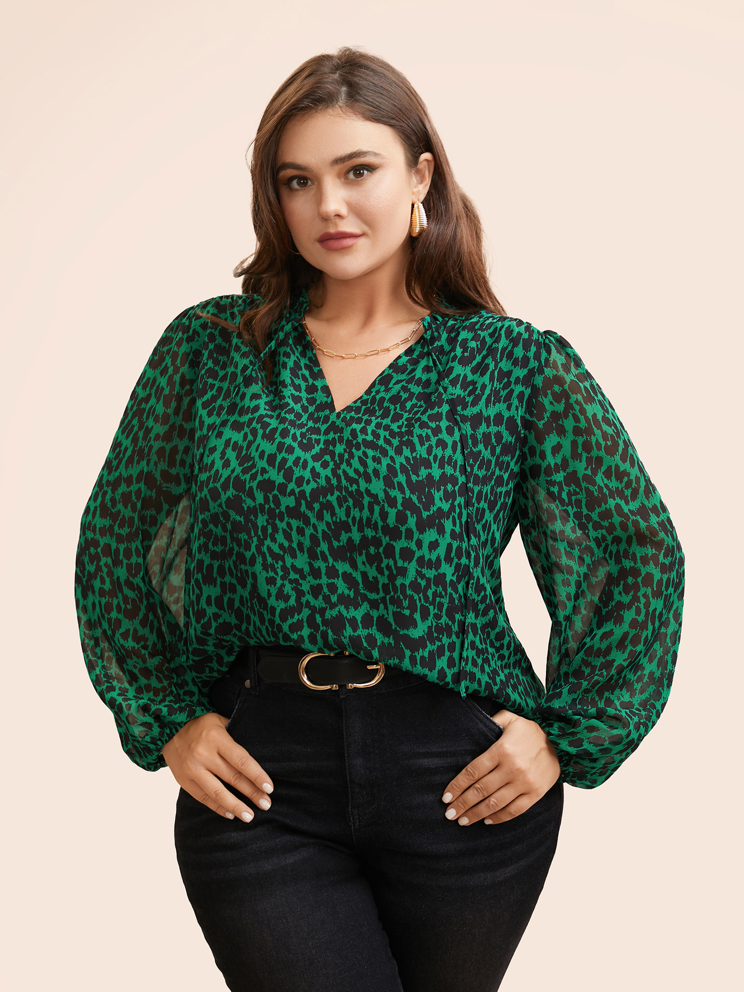 

Plus Size DarkGreen Leopard Print Tie Knot Lantern Sleeve Blouse Women Elegant Long Sleeve V-neck Everyday Blouses BloomChic