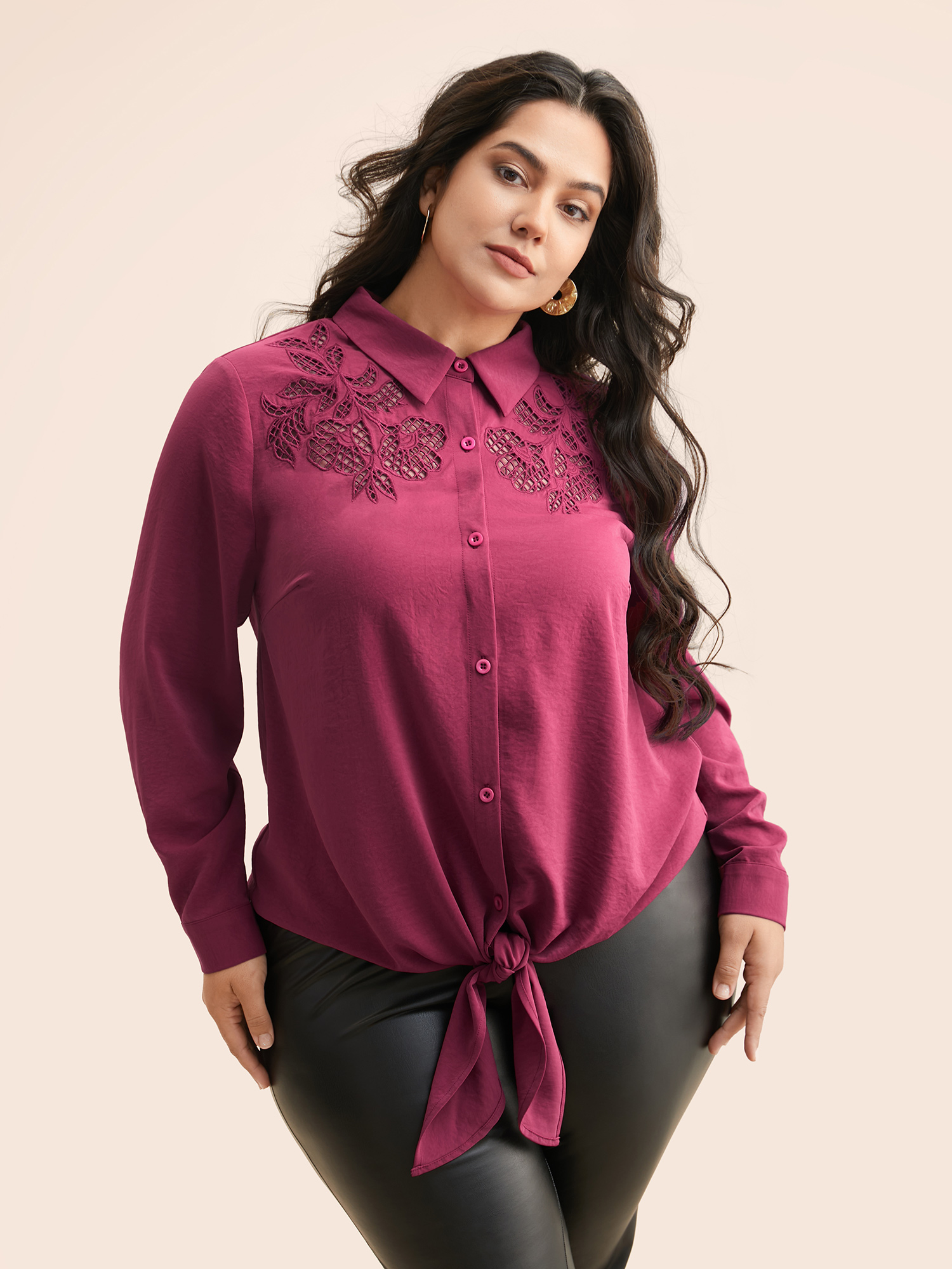 

Plus Size RedViolet Shirt Collar Broderie Anglaise Tie Knot Blouse Women Elegant Long Sleeve Shirt collar Everyday Blouses BloomChic