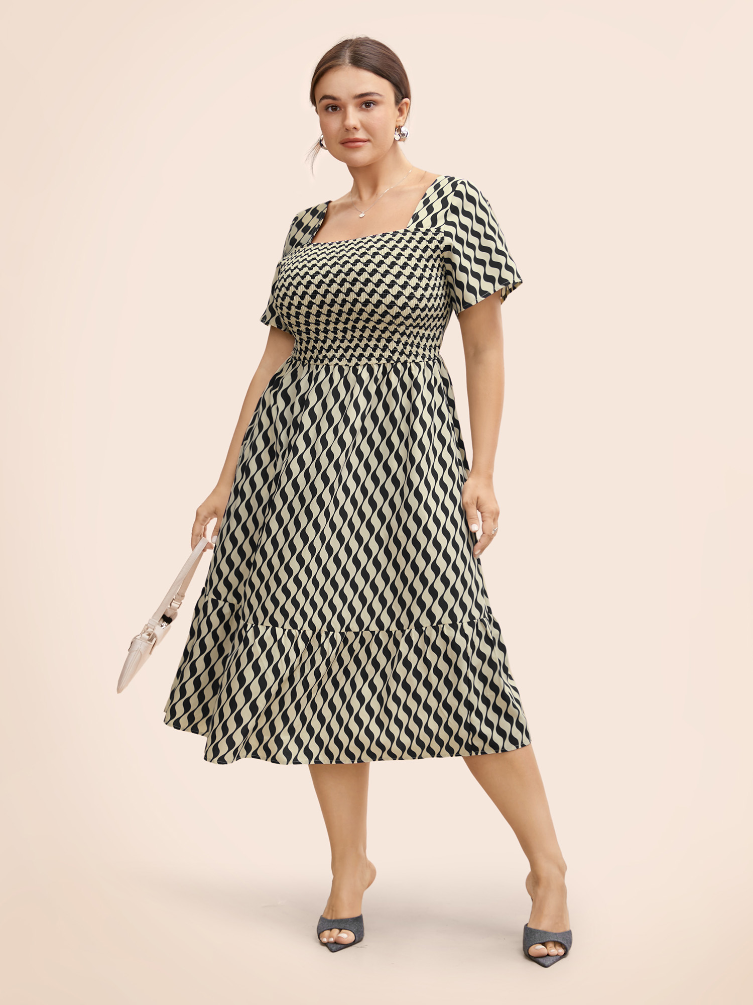 Plus Size Geometric Print Shirred Ruffle Hem Dress Black Women Workwear Essentials Shirred Square Neck Short sleeve Curvy BloomChic 18-20/2X 