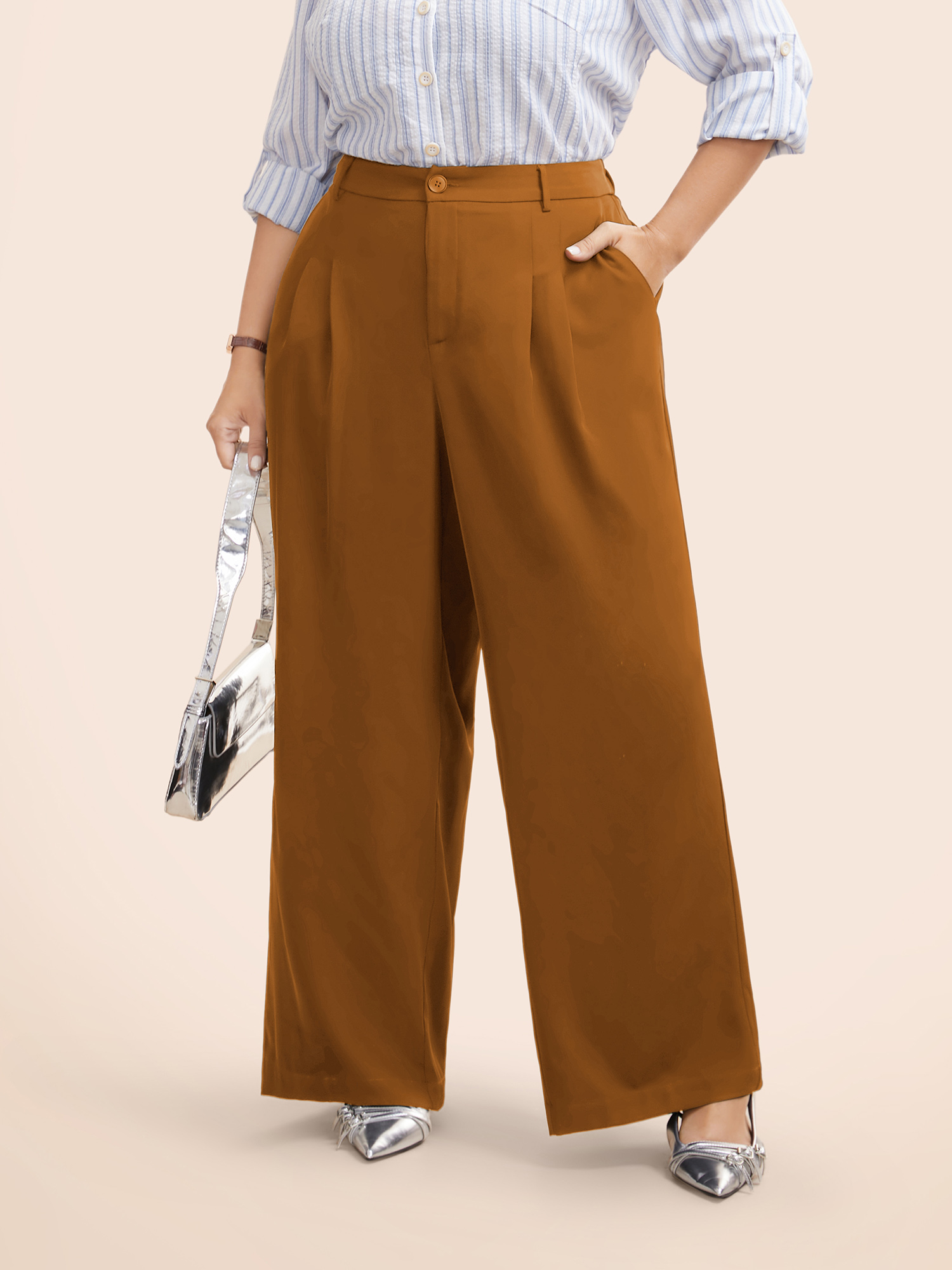 

Plus Size Stretch Woven Pleated Elastic Waist Pants Women Yellowishbrown At the Office Wide Leg Mid Rise Work Pants BloomChic