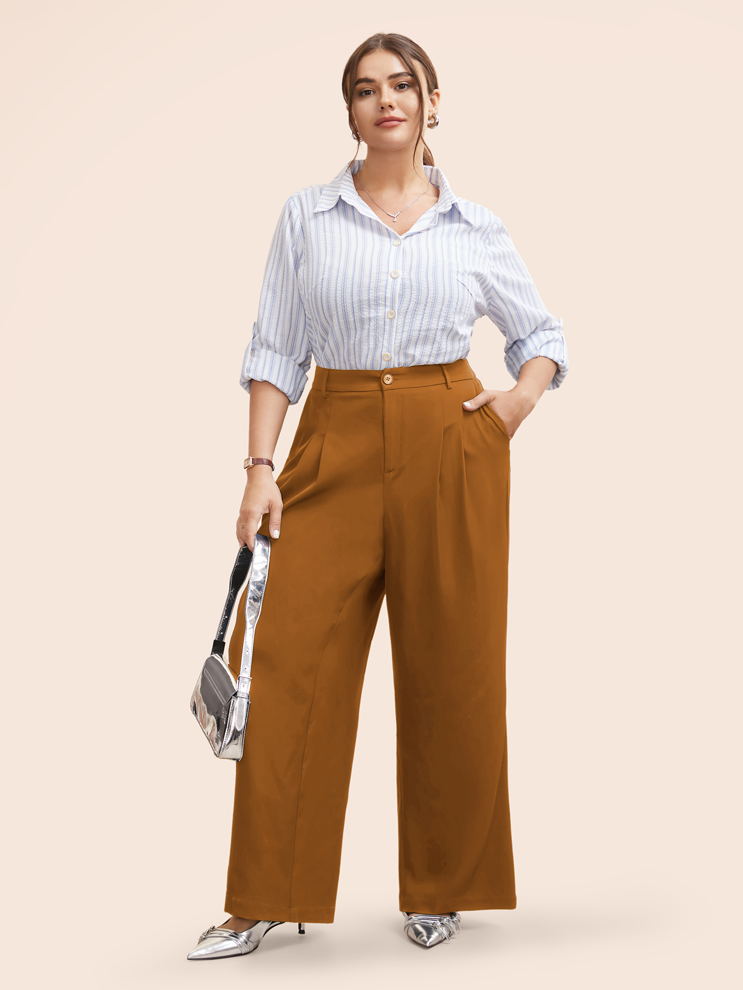 Plus Size Stretch Woven Pleated Elastic Waist Pants Women Yellowishbrown At the Office Wide Leg Mid Rise Work Pants BloomChic 26/4X 