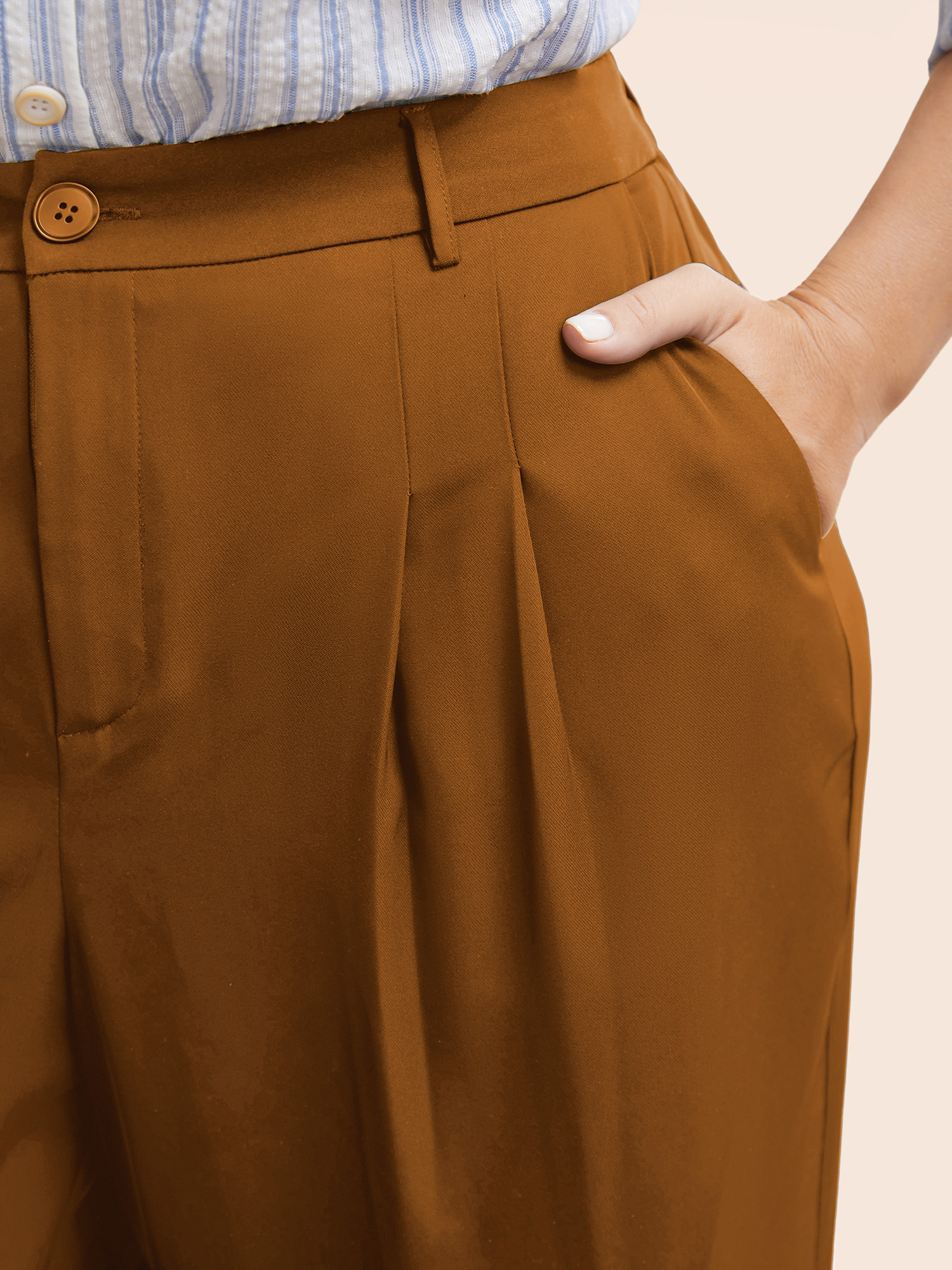 Plus Size Stretch Woven Pleated Elastic Waist Pants Women Yellowishbrown At the Office Wide Leg Mid Rise Work Pants BloomChic 26/4X 