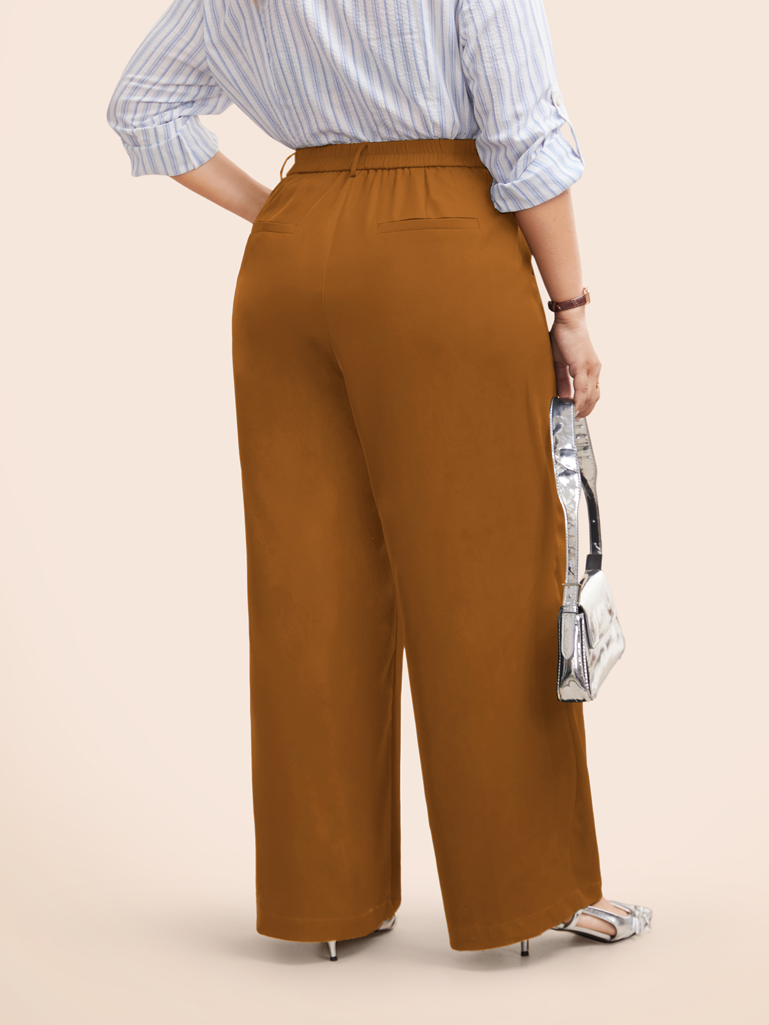 

Plus Size Stretch Woven Pleated Elastic Waist Pants Women Yellowishbrown At the Office Wide Leg Mid Rise Work Pants BloomChic