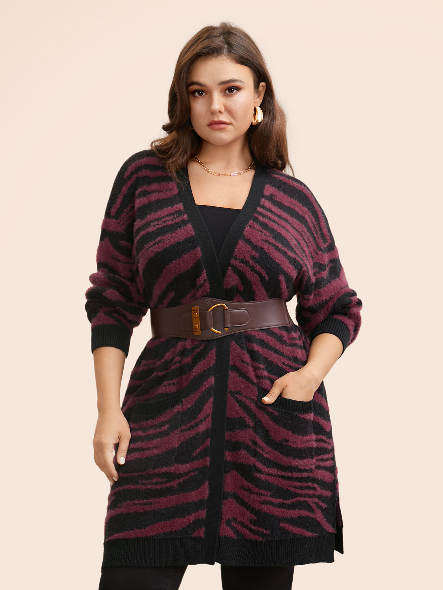 

Plus Size Zebra Print Fluffy Patch Pocket Cardigan Black Women Elegant Loose Long Sleeve Everyday Cardigans BloomChic