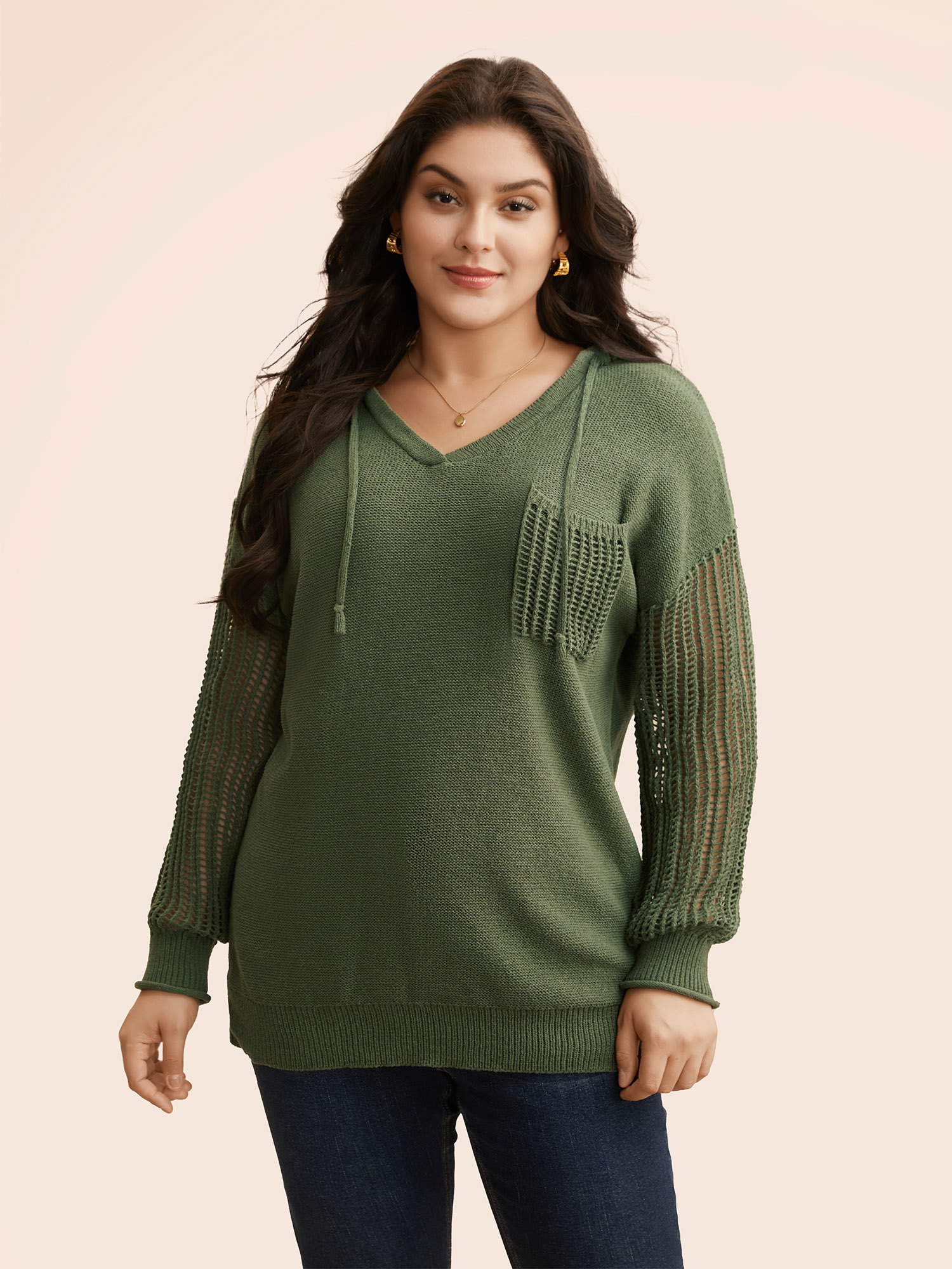 

Plus Size Hooded Drawstring Cut Out Pocket Pullover ArmyGreen Women Casual Three Quater Length Sleeve V-neck Everyday Pullovers BloomChic