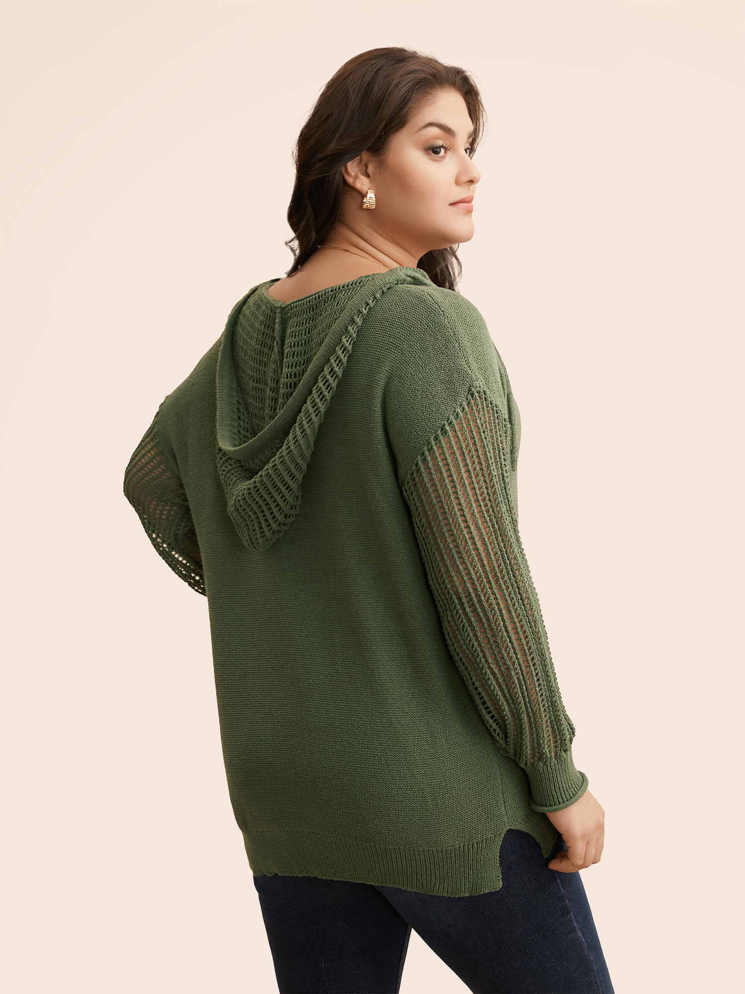 

Plus Size Hooded Drawstring Cut Out Pocket Pullover ArmyGreen Women Casual Three Quater Length Sleeve V-neck Everyday Pullovers BloomChic