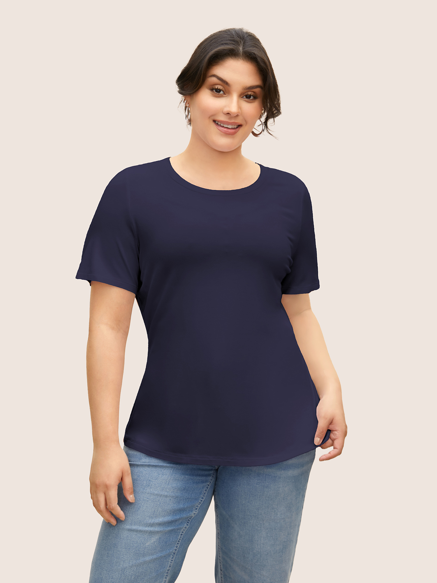 

Plus Size Supersoft Essentials Solid Basic Knit T-shirt Indigo Women Basics Non Round Neck Bodycon Everyday T-shirts BloomChic