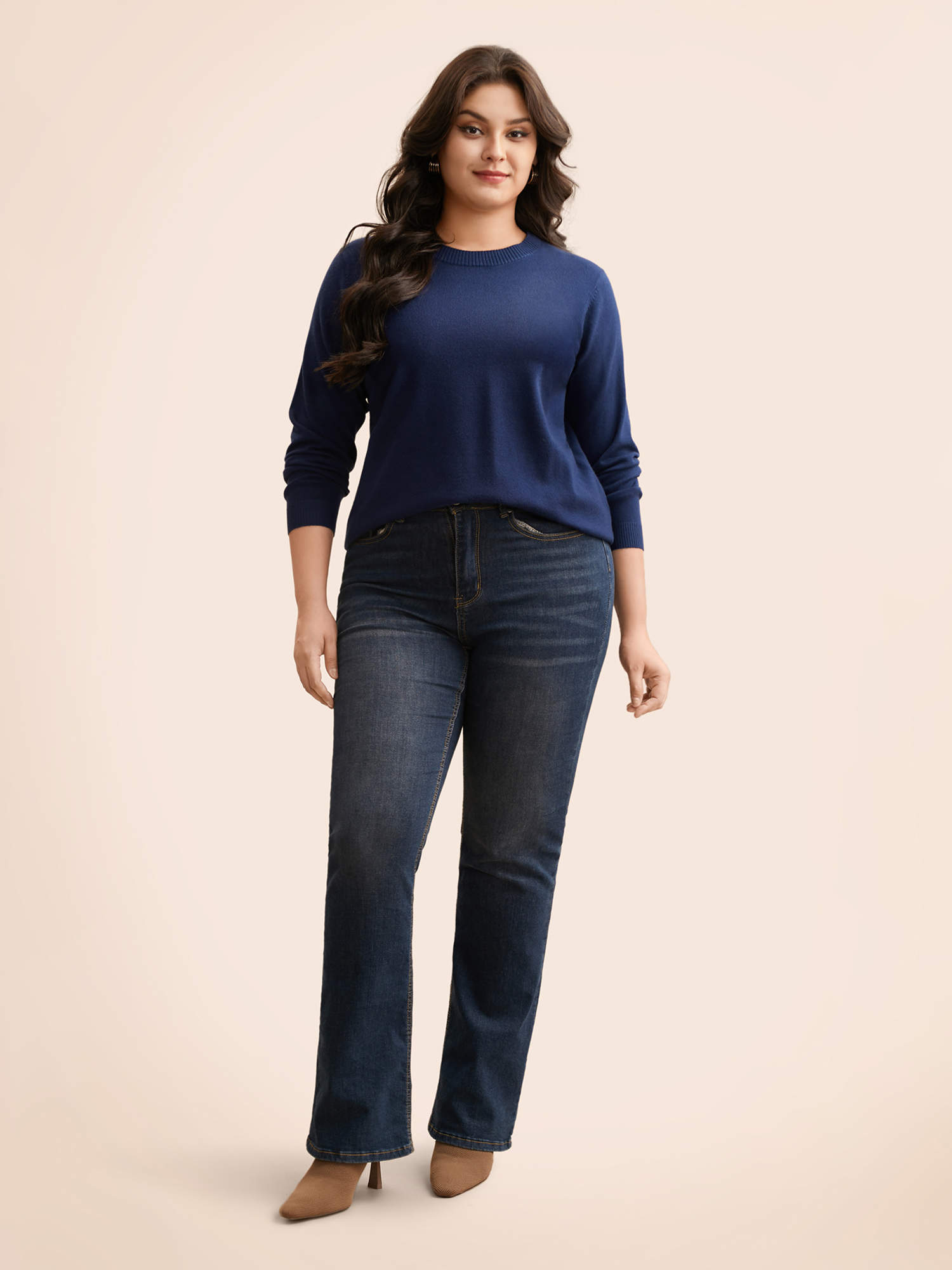 

Plus Size Solid Round Neck Wool Blend Pullover Indigo Women Casual Long Sleeve Round Neck Everyday Pullovers BloomChic