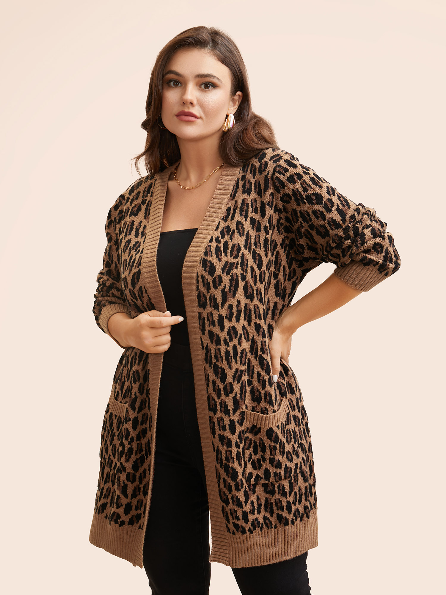 

Plus Size Leopard Print Patched Pocket Cardigan Yellowishbrown Women Casual Loose Long Sleeve Everyday Cardigans BloomChic