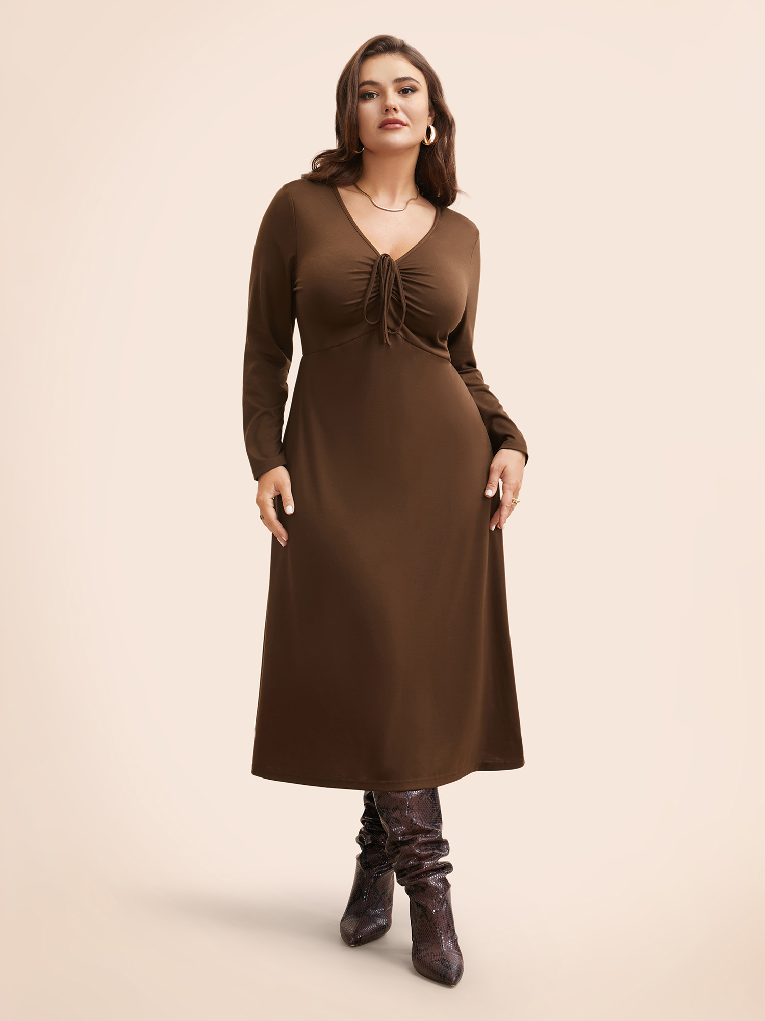 

Plus Size V Neck Drawstring Gathered Midi Dress Browncoffeecolor Women Elegant Gathered V-neck Long Sleeve Curvy BloomChic