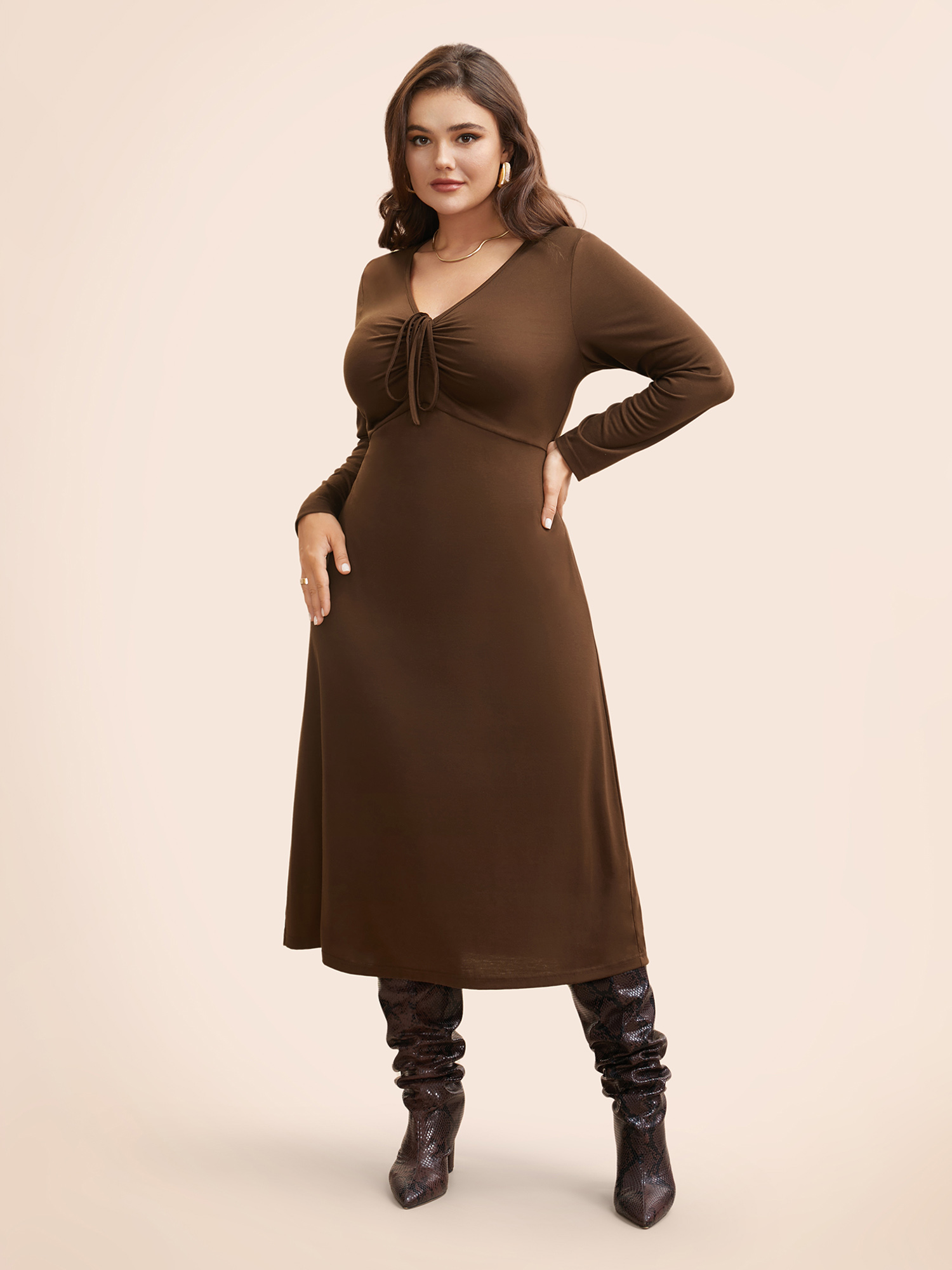 

Plus Size V Neck Drawstring Gathered Midi Dress Browncoffeecolor Women Elegant Gathered V-neck Long Sleeve Curvy BloomChic