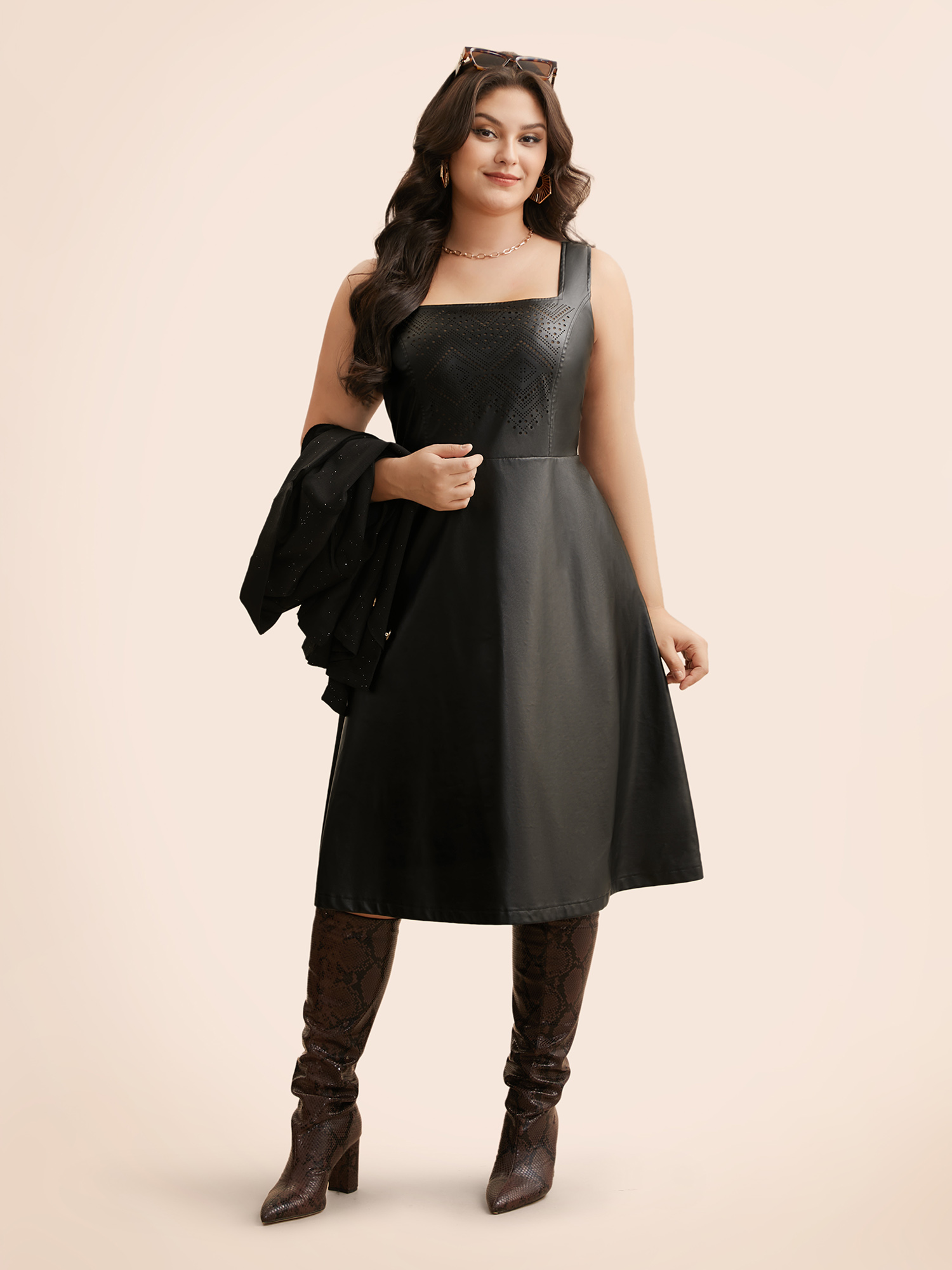 

Plus Size Solid PU Leather Laser Cut Dress Black Women Elegant Texture Square Neck Sleeveless Curvy BloomChic