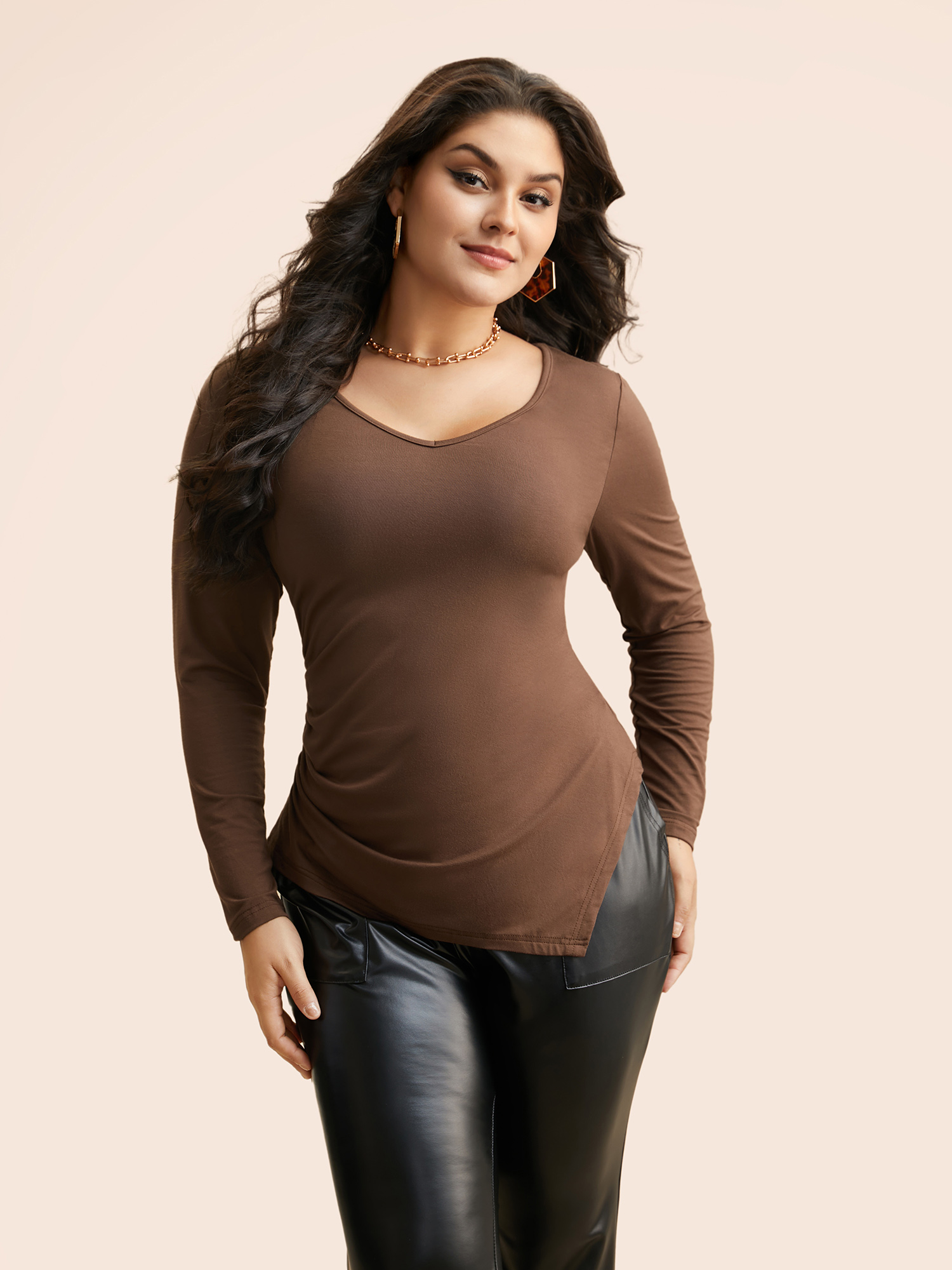 

Plus Size V Neck Gathered Asymmetrical Hem T-shirt Browncoffeecolor Women Elegant Gathered V-neck Skinny Everyday T-shirts BloomChic