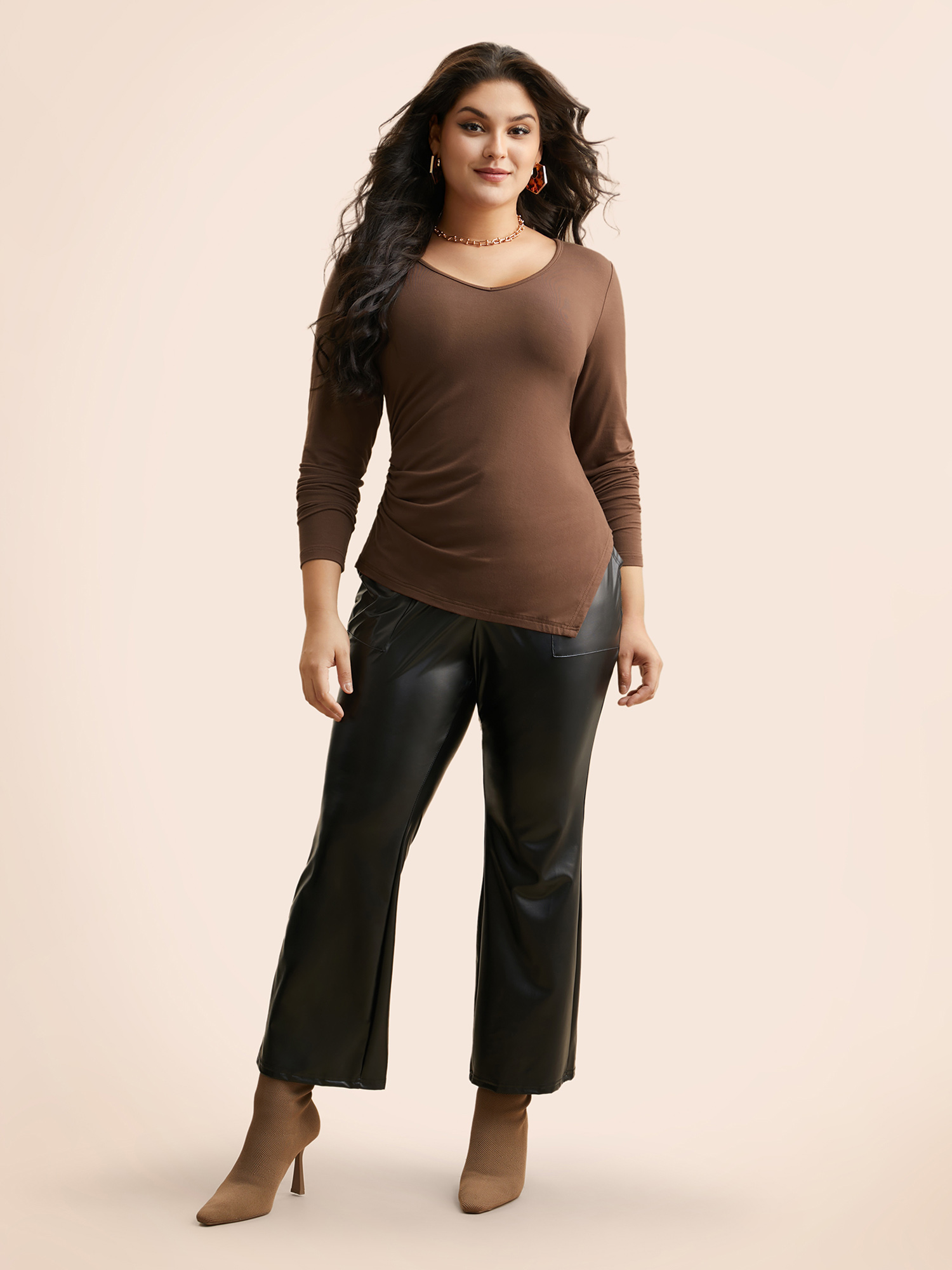 Plus Size V Neck Gathered Asymmetrical Hem T-shirt Browncoffeecolor Women Elegant Gathered V-neck Skinny Everyday T-shirts BloomChic 30/6X 